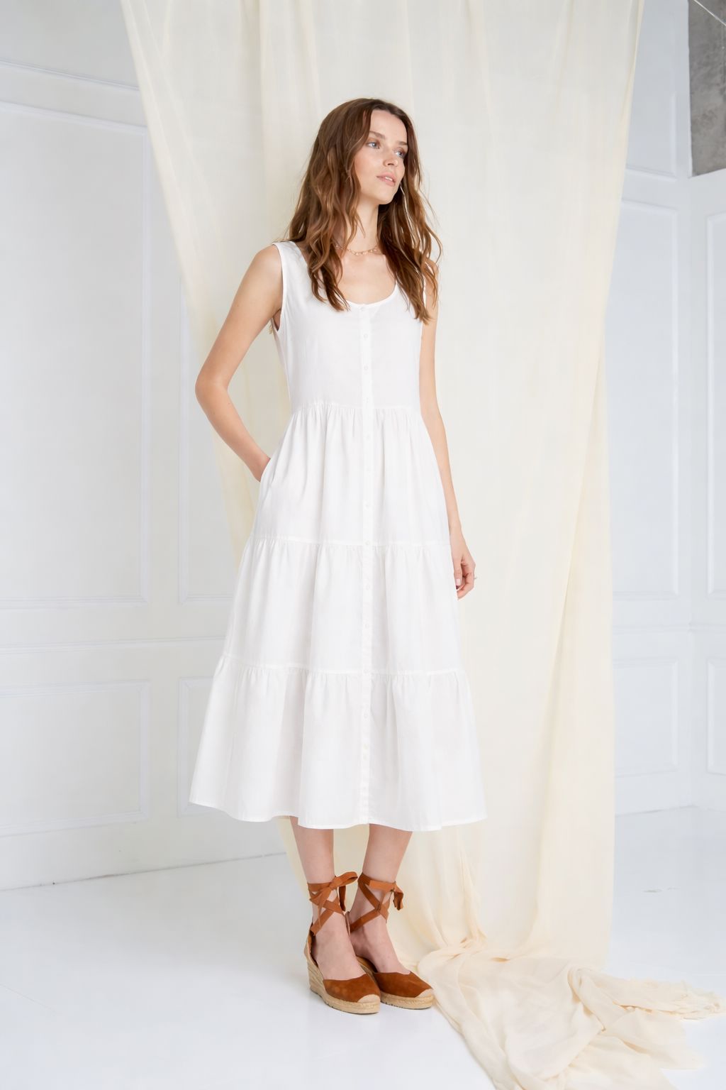 white christmas dresses White Cotton Button Down Dress for Women | Tiered Lightweight Midi Dress