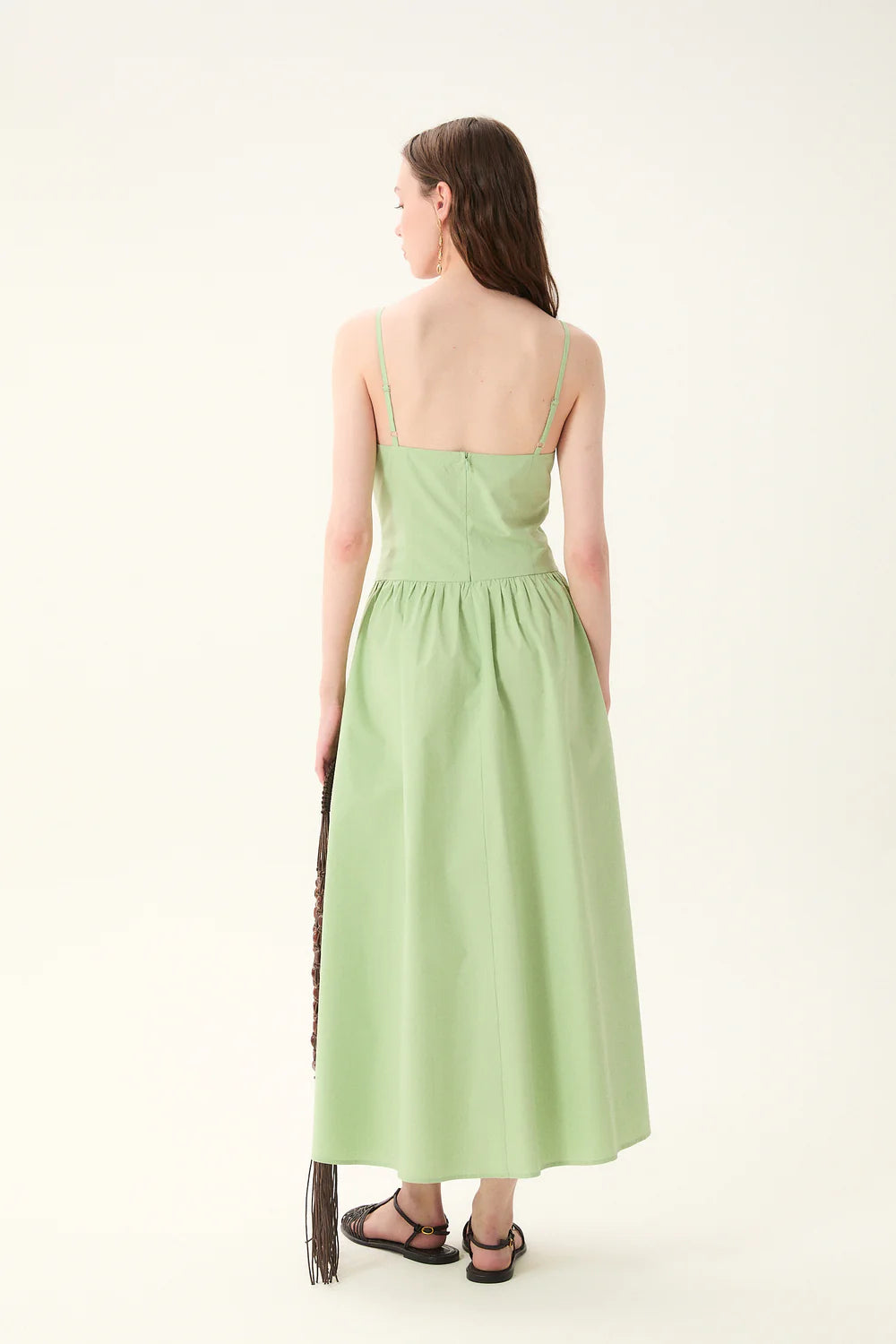 spring summer dress green, neutral tone green dress, feminine flowy dress, everyday elegant midi dress, simple modern slip dress