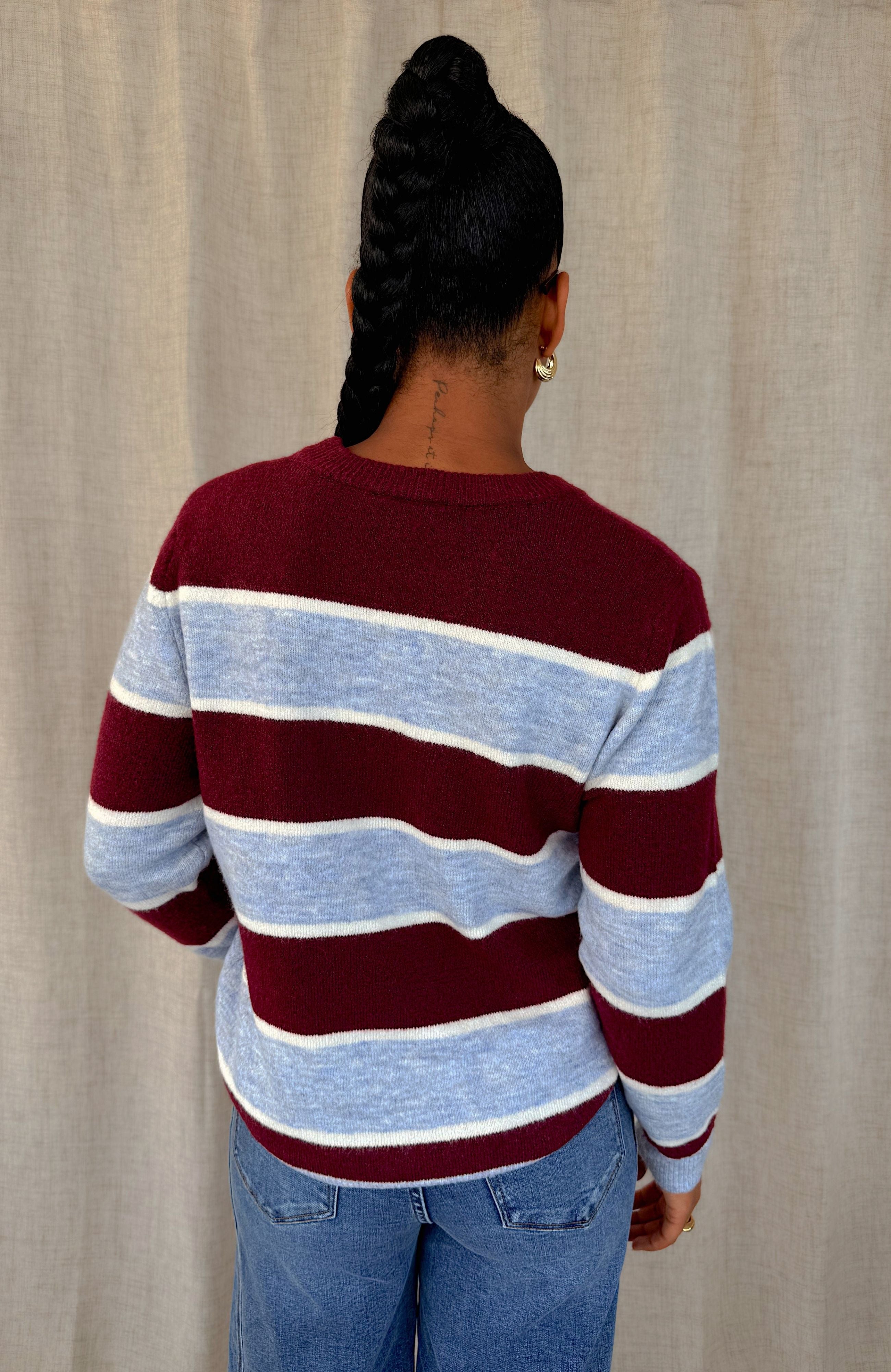 LIGHT KNIT STRIPE SWEATER (BURGUNDY+BLUE)