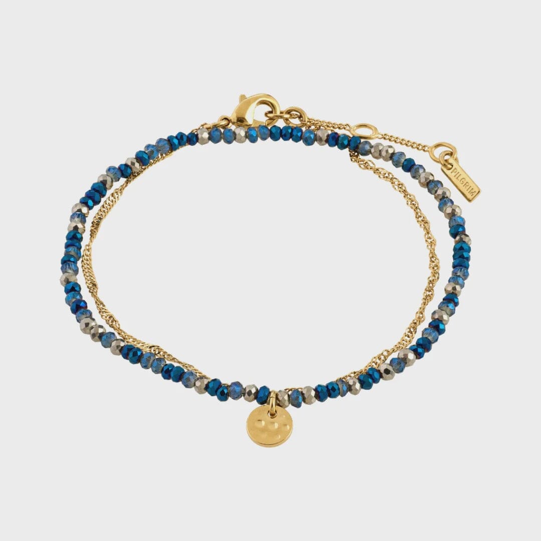 BELLAMY BEAD AND CHAIN BRACELET SET, PILGRIM, blue beaded jewelry, gold plated bracelet