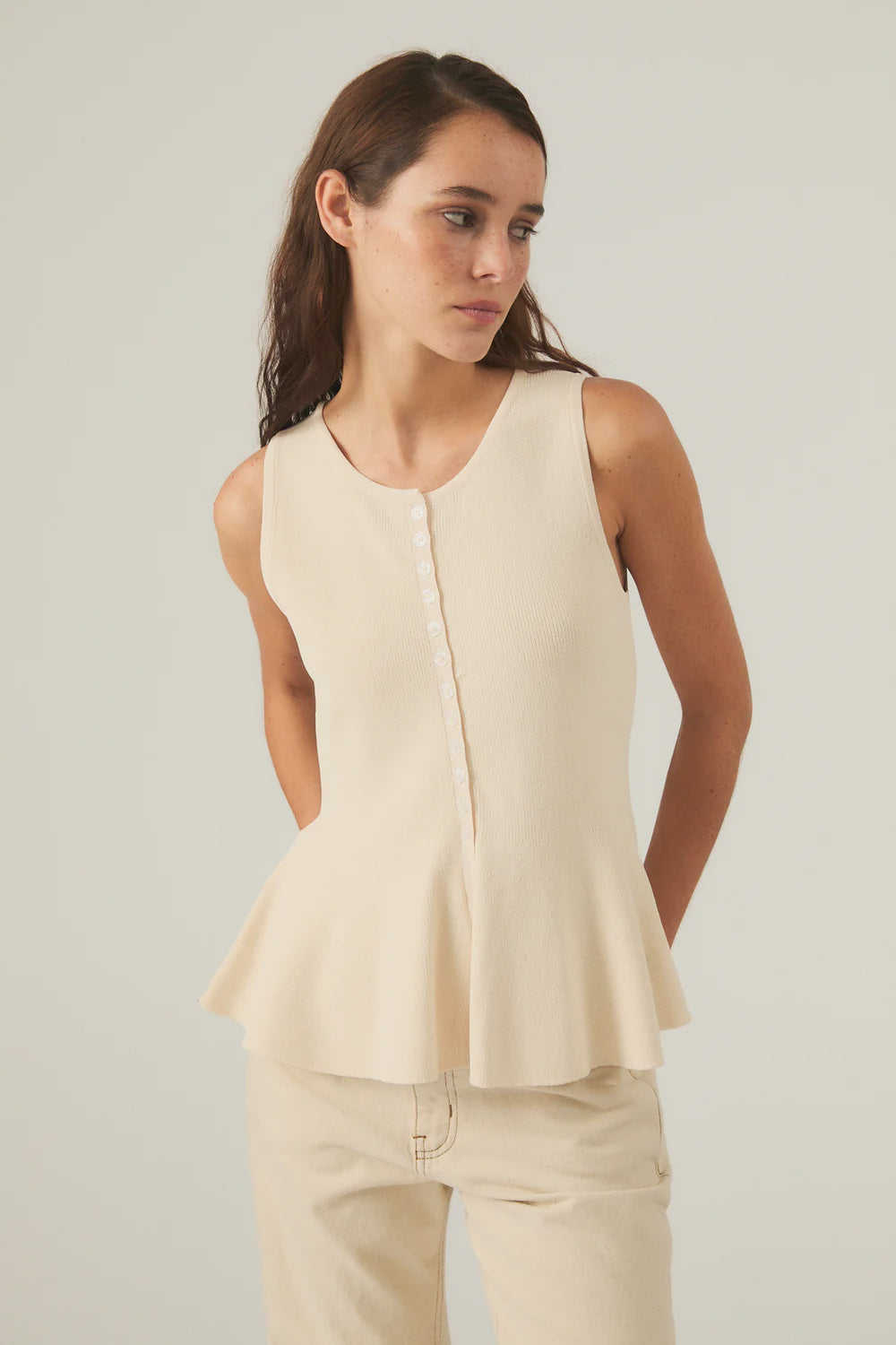 Deluc Ecru Refined Knit Vest women sleeveless peplum silhouette front view