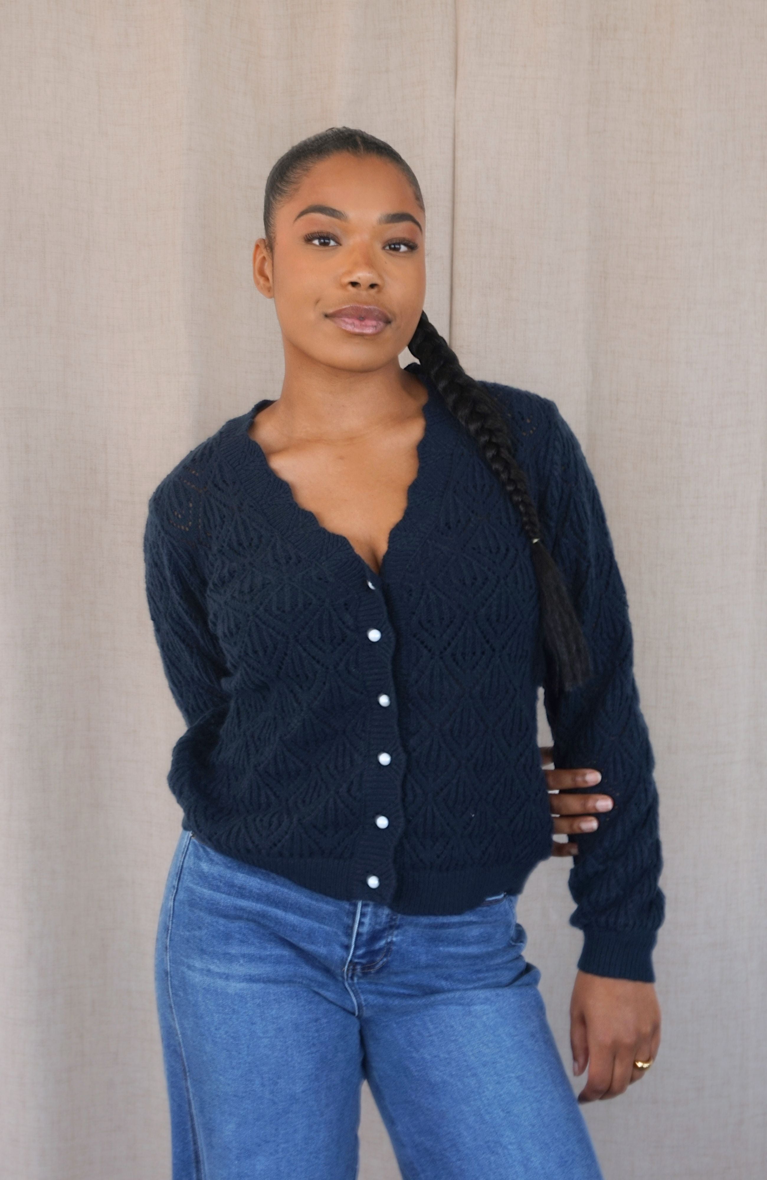 NAVY POINTELLE CARDIGAN