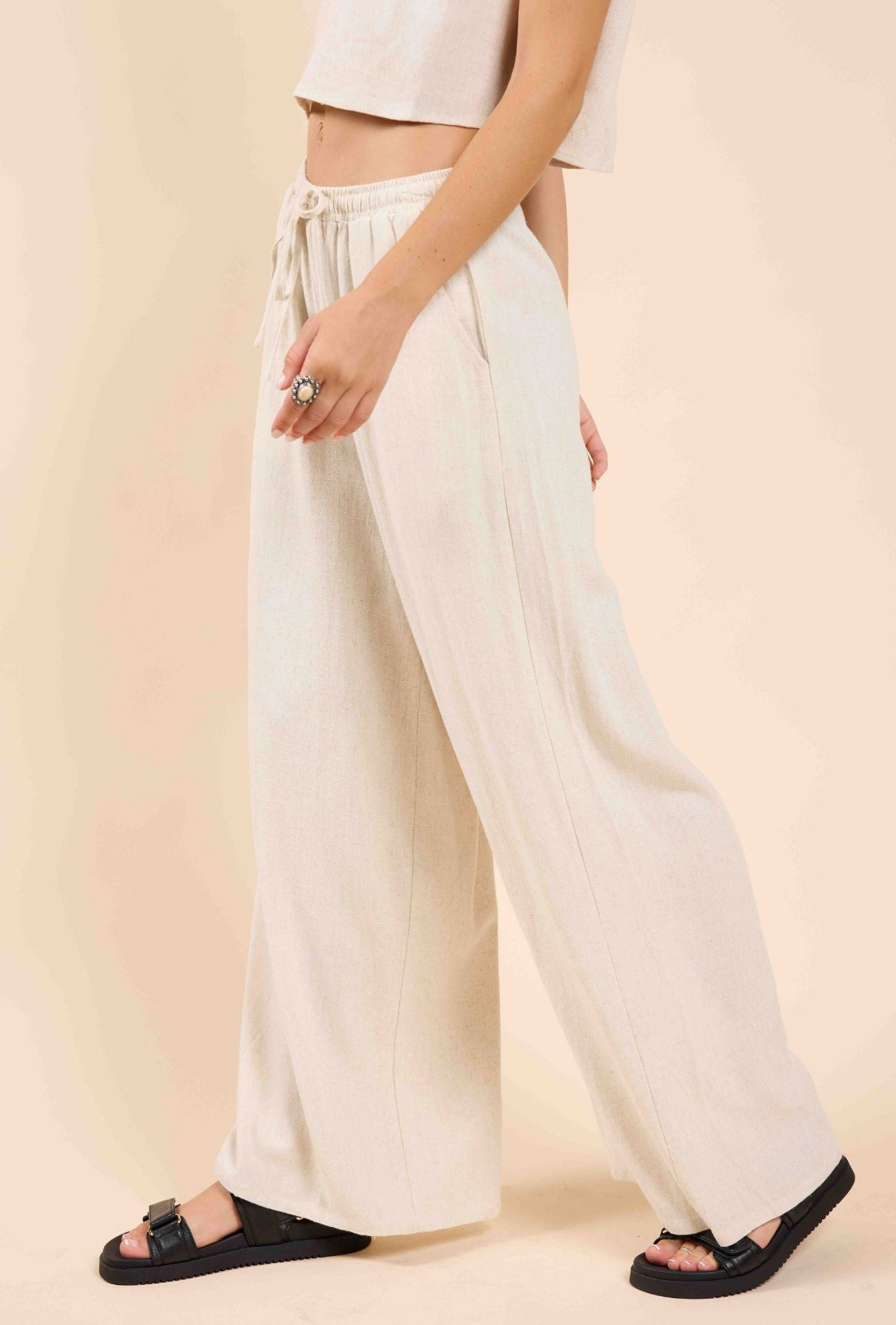oft beige trouser, vacation ready pant, casual wide leg style, lightweight neutral pant