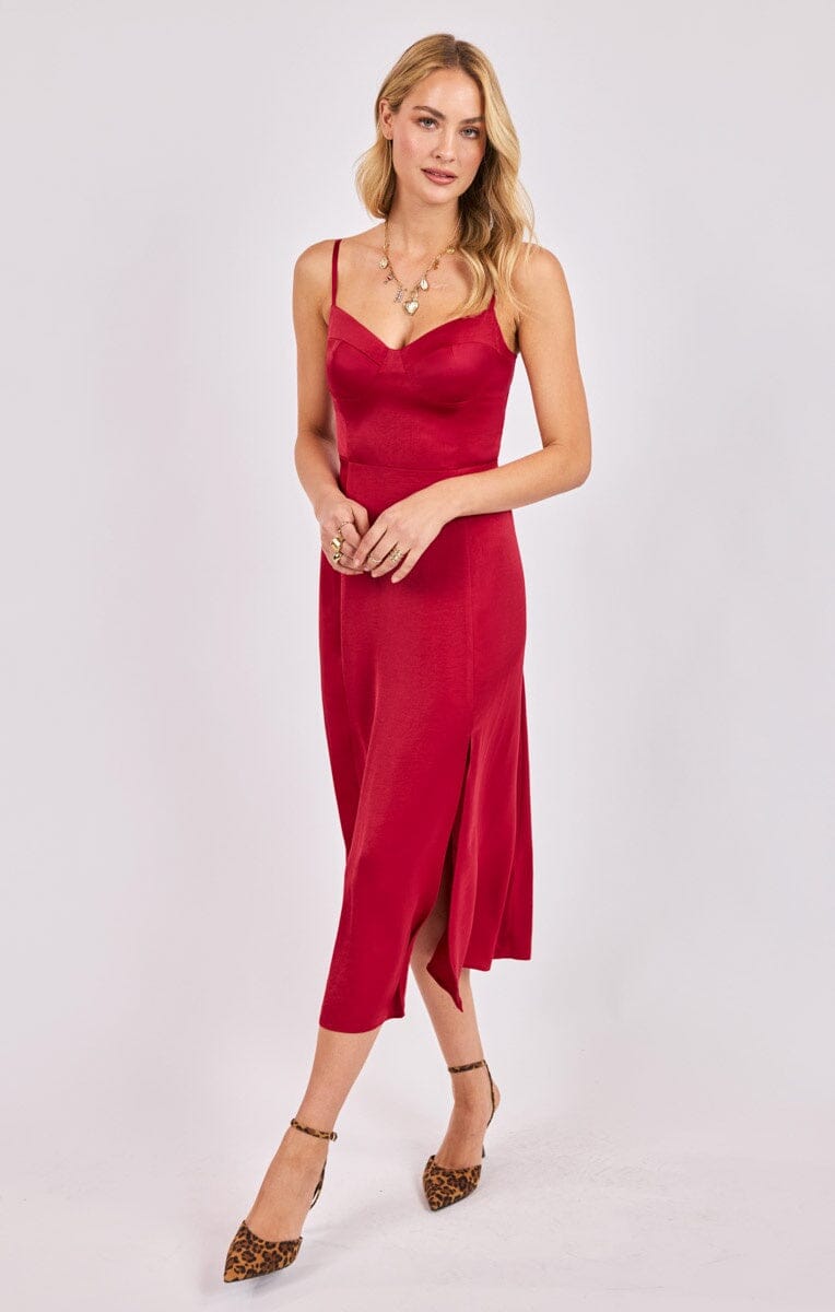RED SATIN BUSTIER BODICE MIDI DRESS, SADIE AND SAGE, cocktail dress, red dress