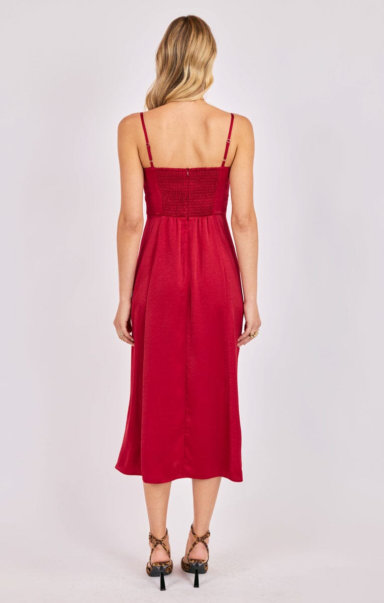 RED SATIN BUSTIER BODICE MIDI DRESS Dress SADIE AND SAGE