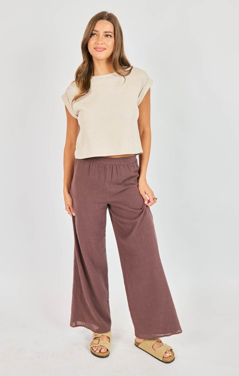 brown wide leg pants women, elastic waist pants women brown, flowy brown trousers women, lightweight summer pants women
