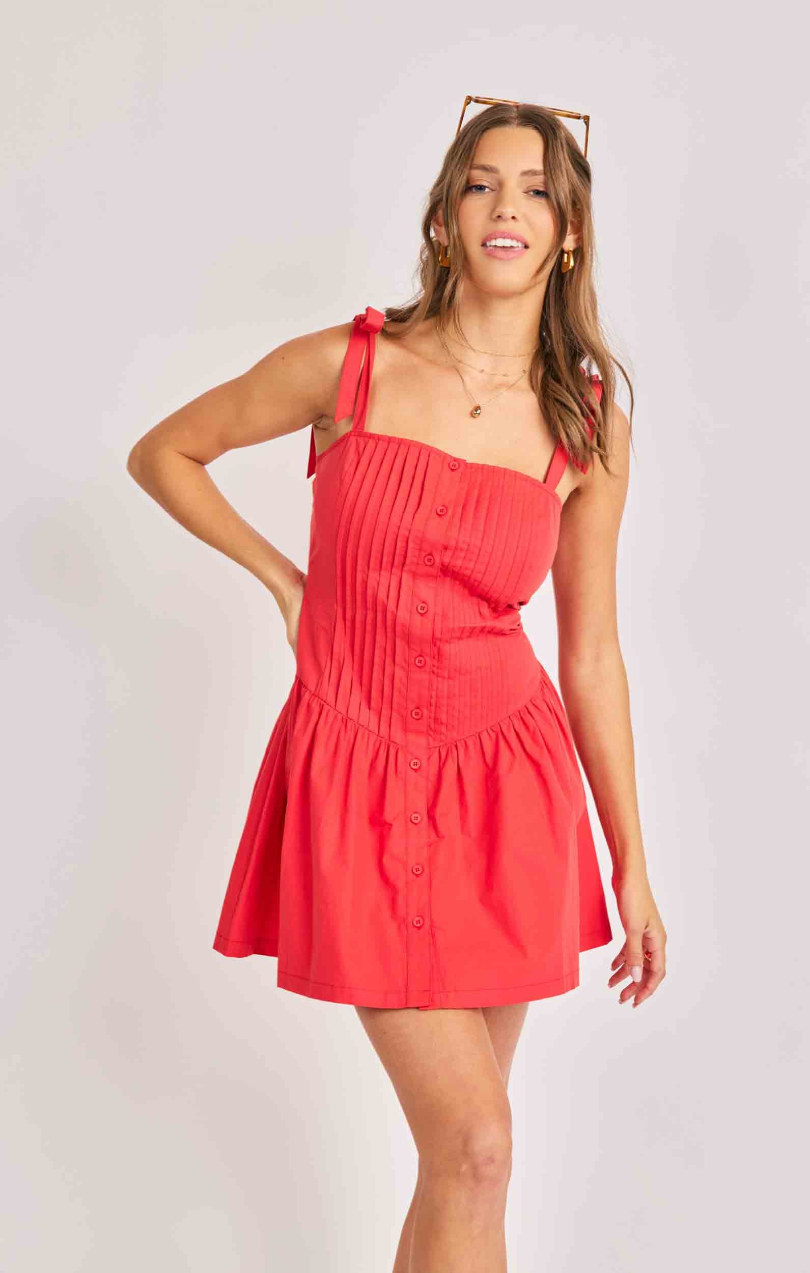 coral mini dress women, women's summer dress, tie strap dress women, red mini dress women