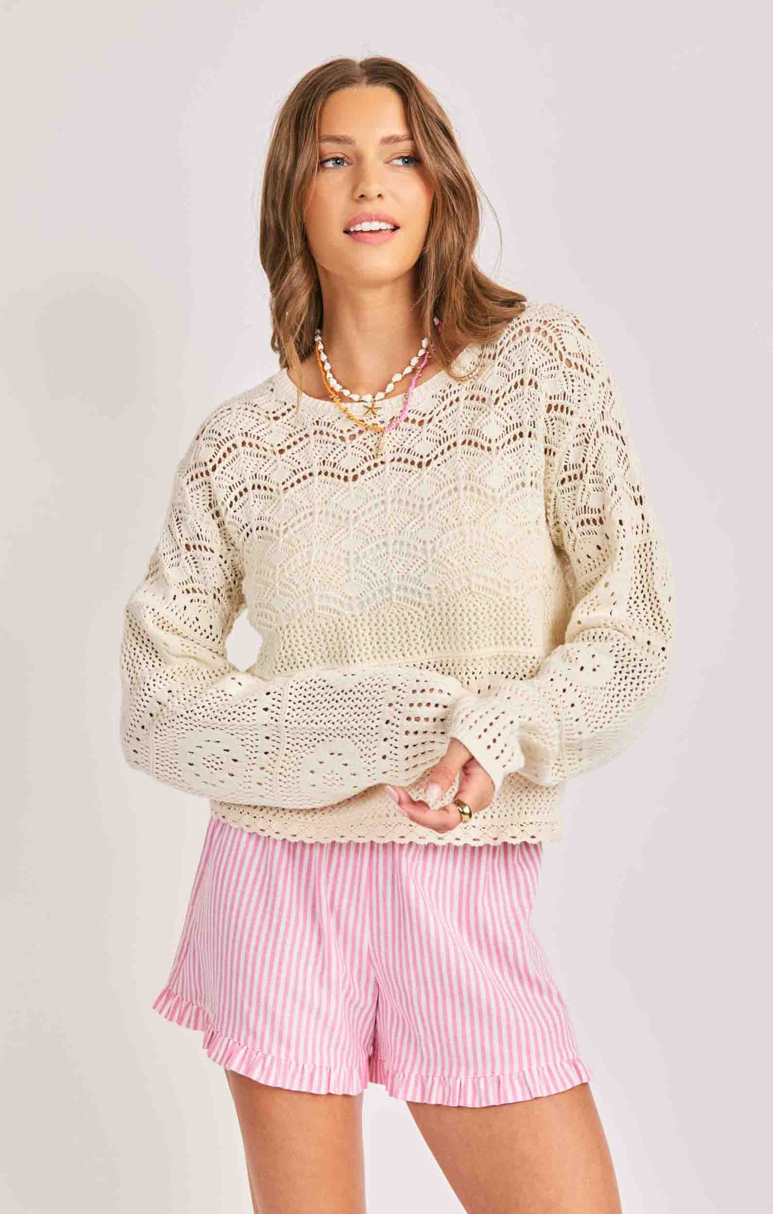 ivory knit sweater women, open knit sweater, lightweight crochet sweater, beach sweater women, women’s summer knit, relaxed fit sweater women, coastal style sweater, cream knit pullover, airy knit sweater, vacation sweater women, casual chic knitwear, women’s layering sweater, oversized knit sweater
