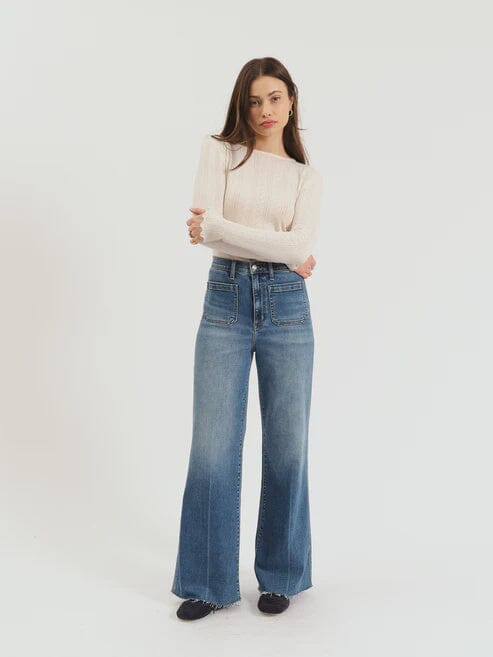patch pocket jeans women, high rise wide leg jeans, vintage wash denim women, front pocket jeans wide leg