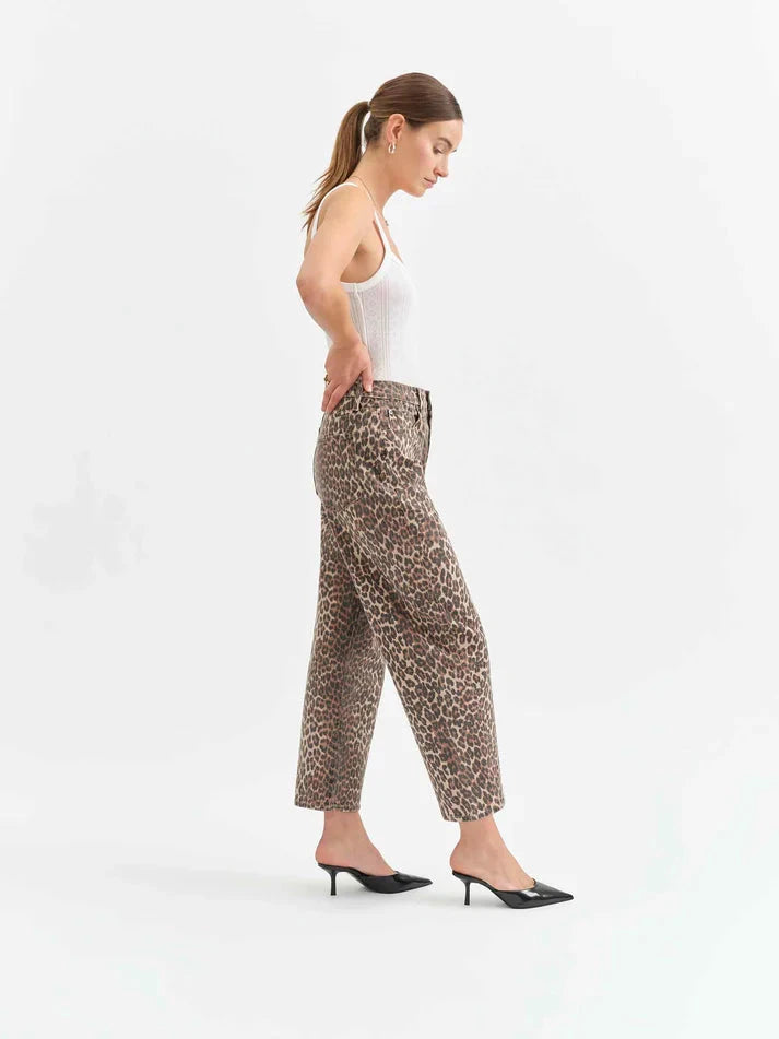 barrel leg denim, animal print pants