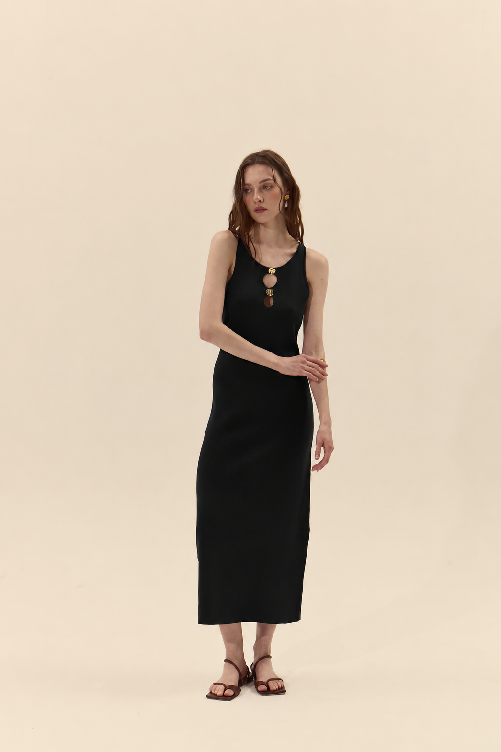 Deluc black fitted maxi dress women with gold keyhole detail front view