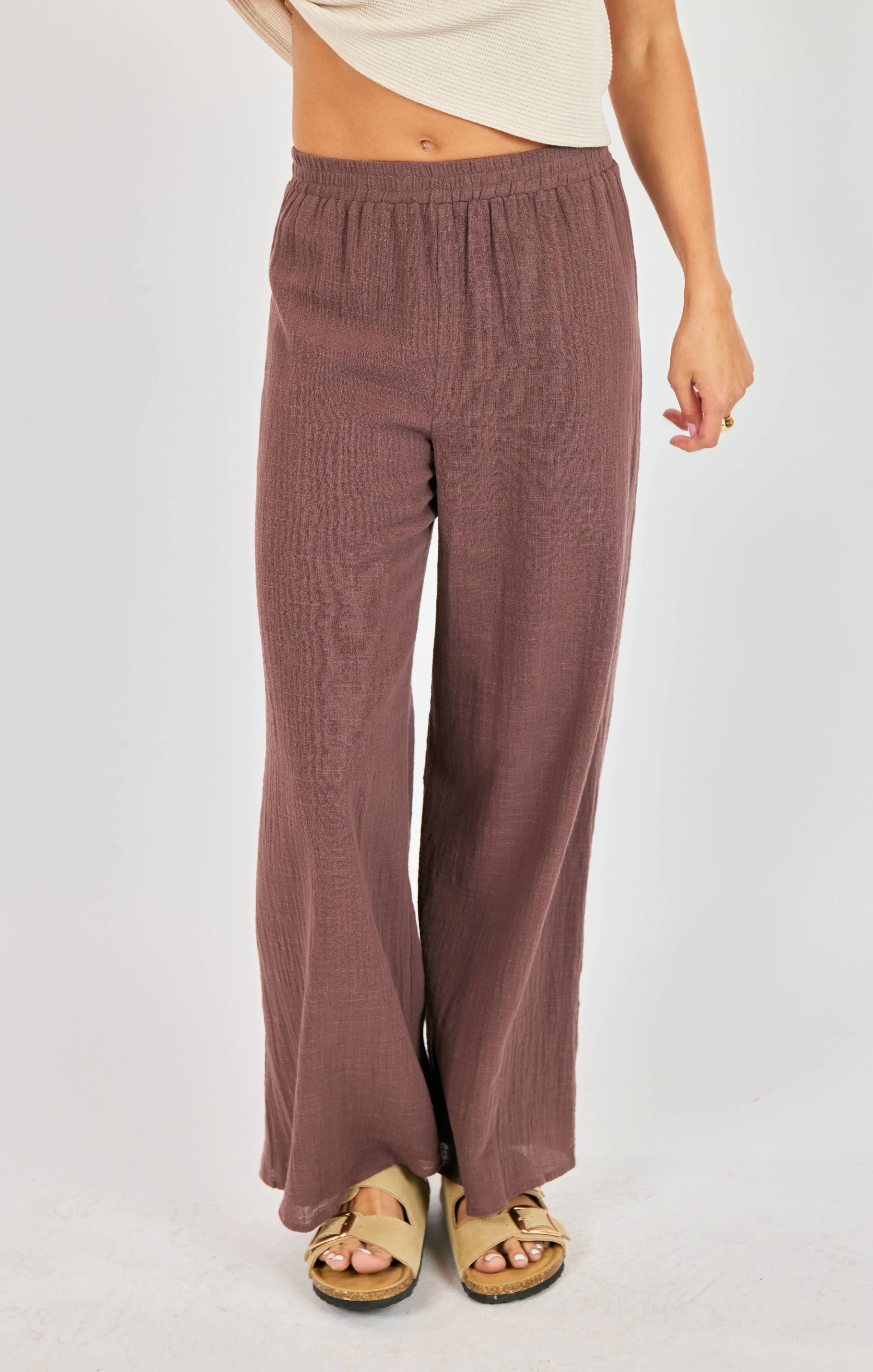breathable wide leg pants, soft brown elastic waist trousers, women everyday comfortable pants