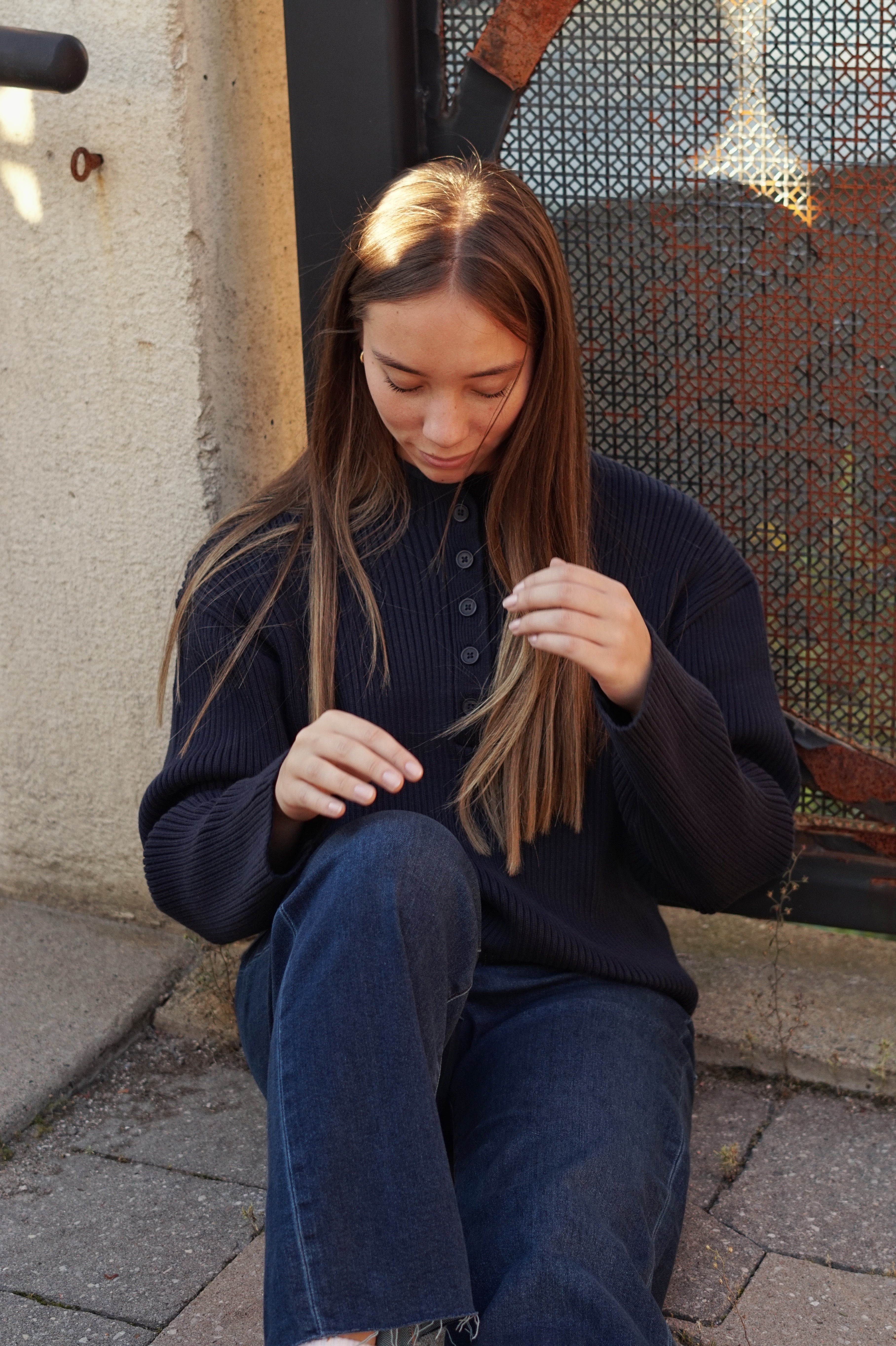 Hadley Button-Neck Sweater- navy