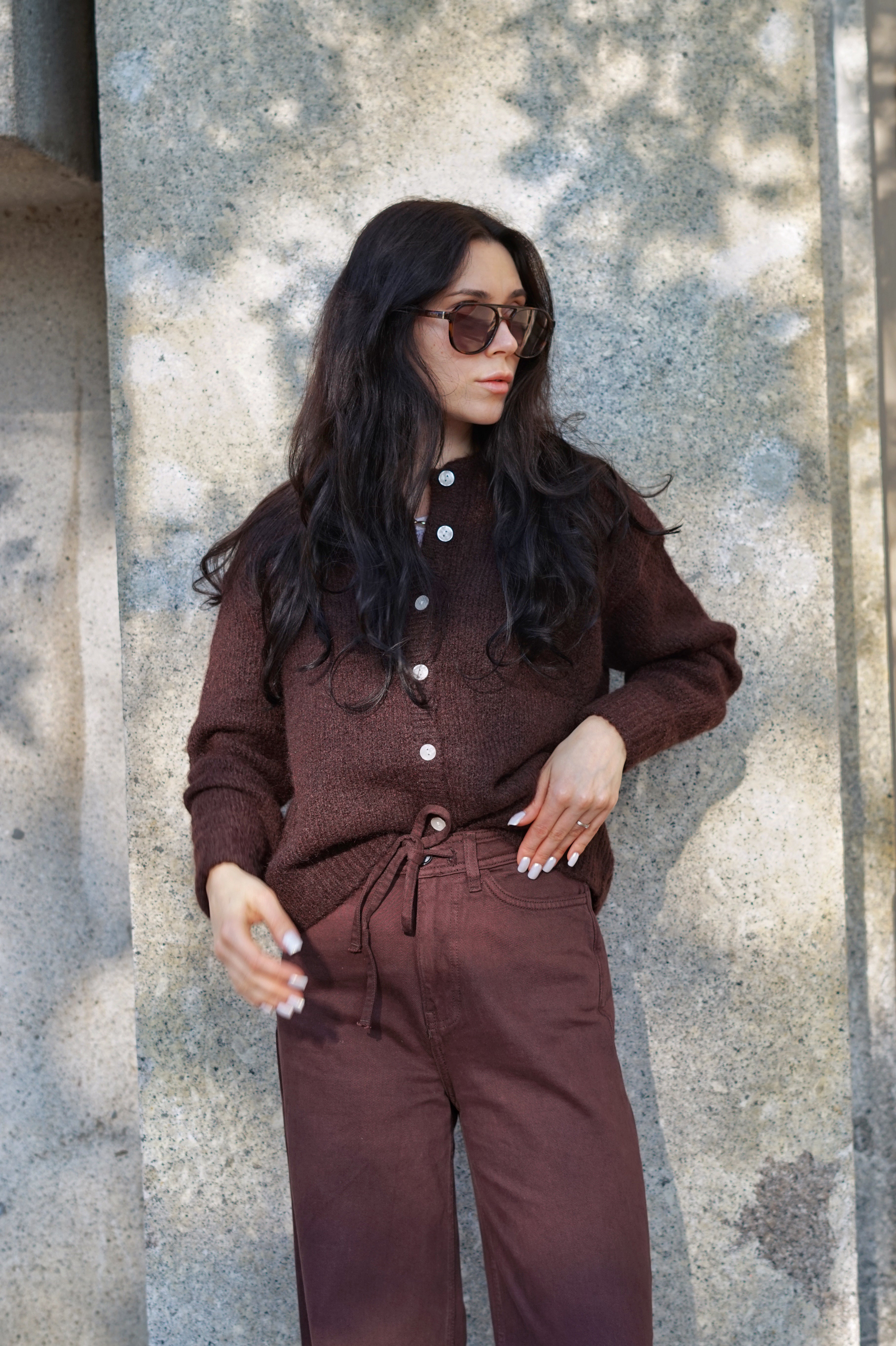 Brushed Crew Cardigan- Brown