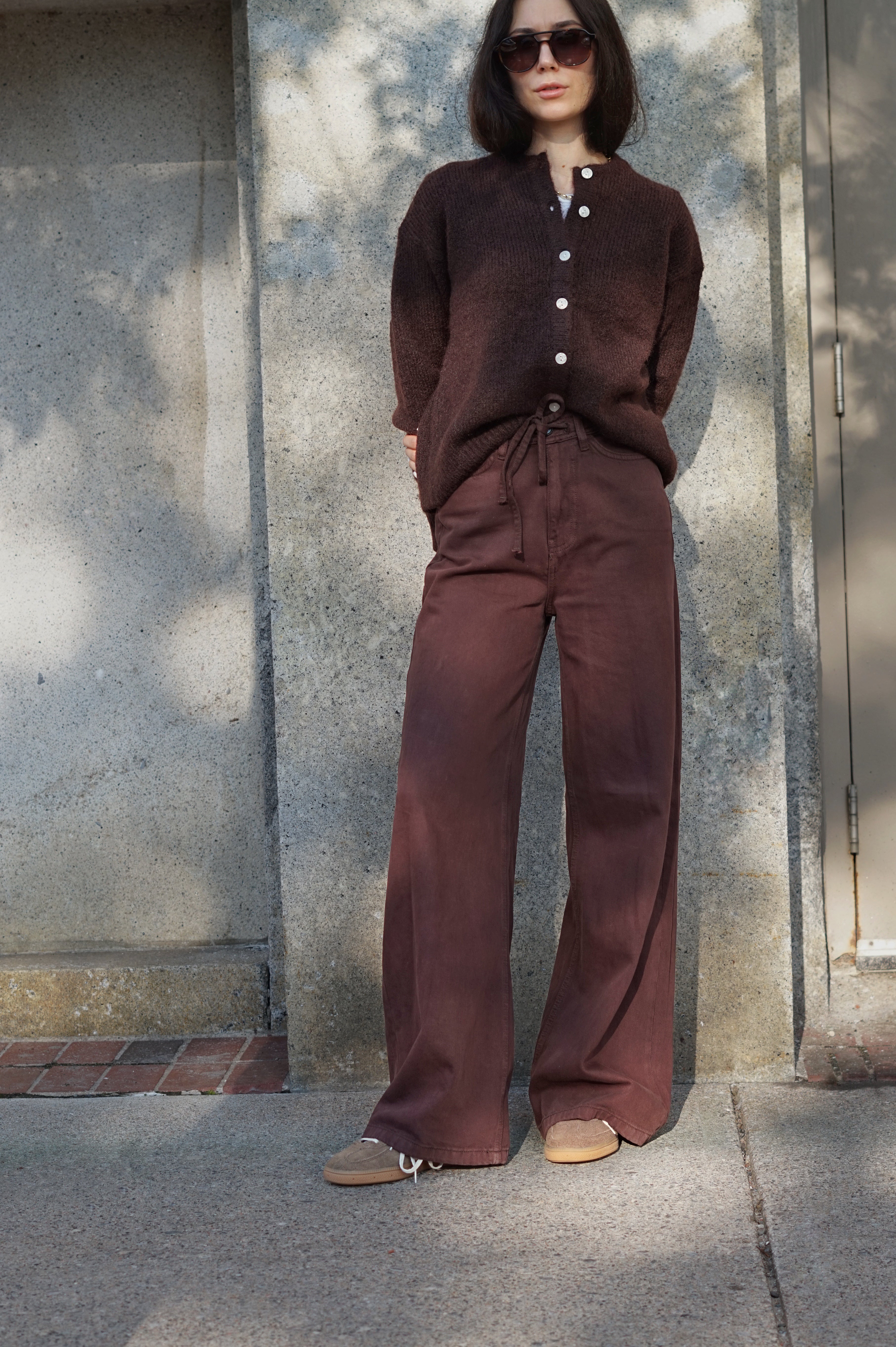 Brushed Crew Cardigan- Brown