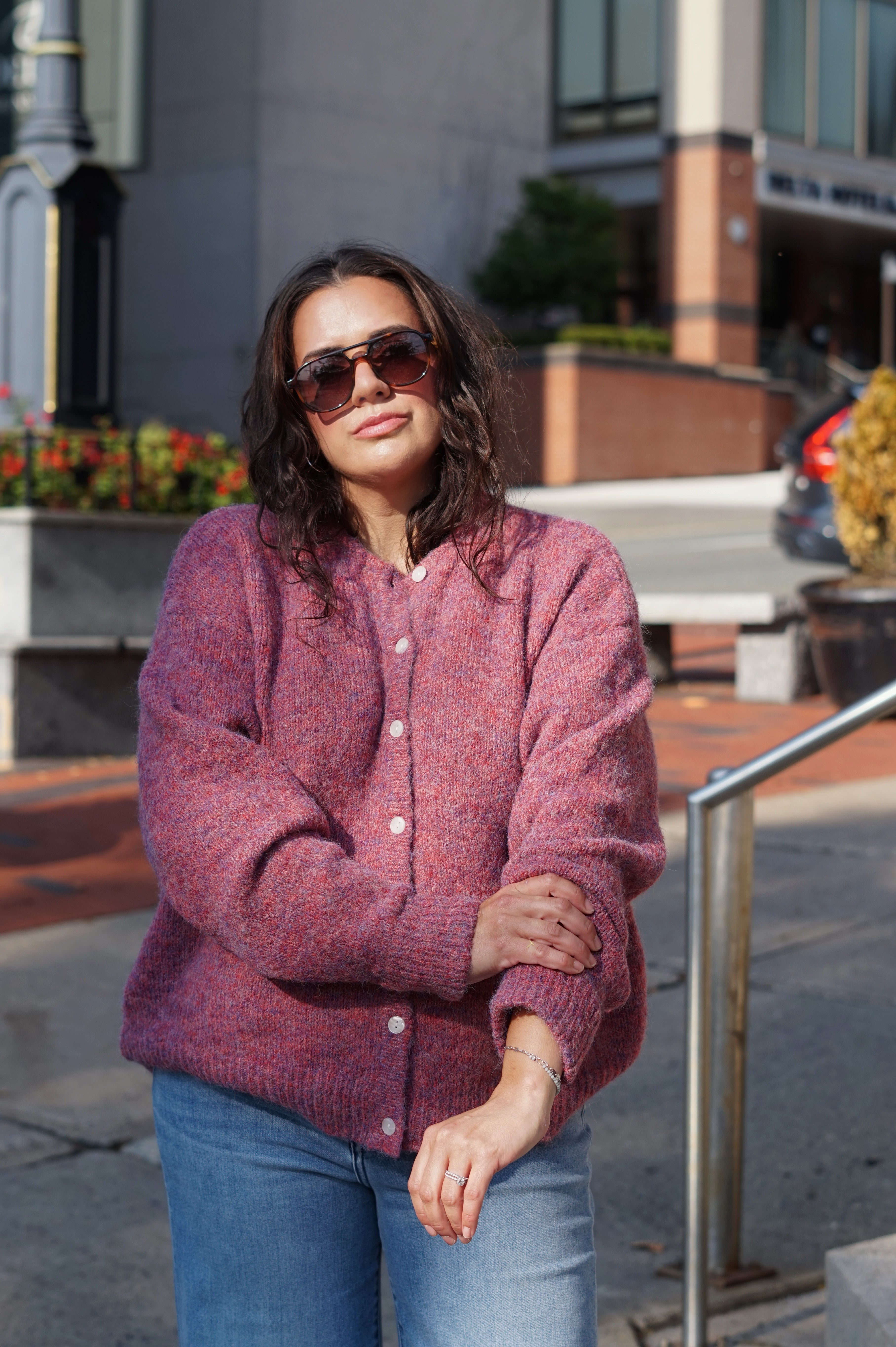 Brushed Crew Cardigan- Pink