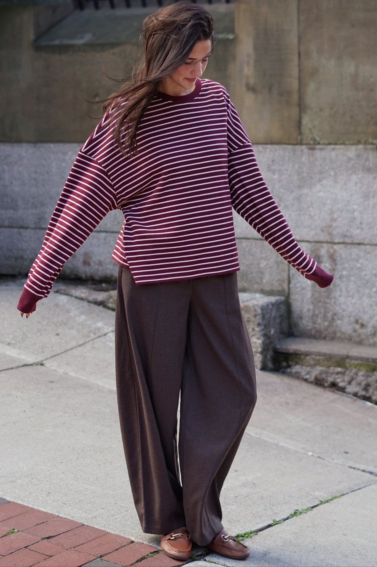 Foster Waffle Stripe Top- Burgundy