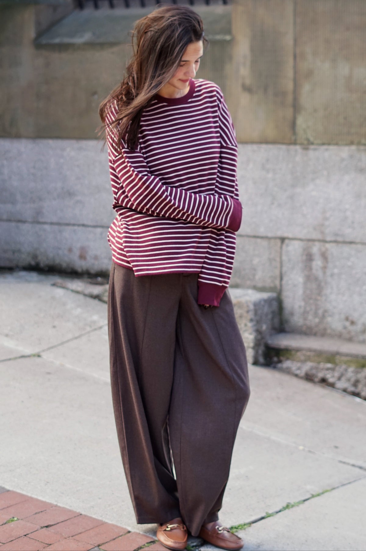 Foster Waffle Stripe Top- Burgundy