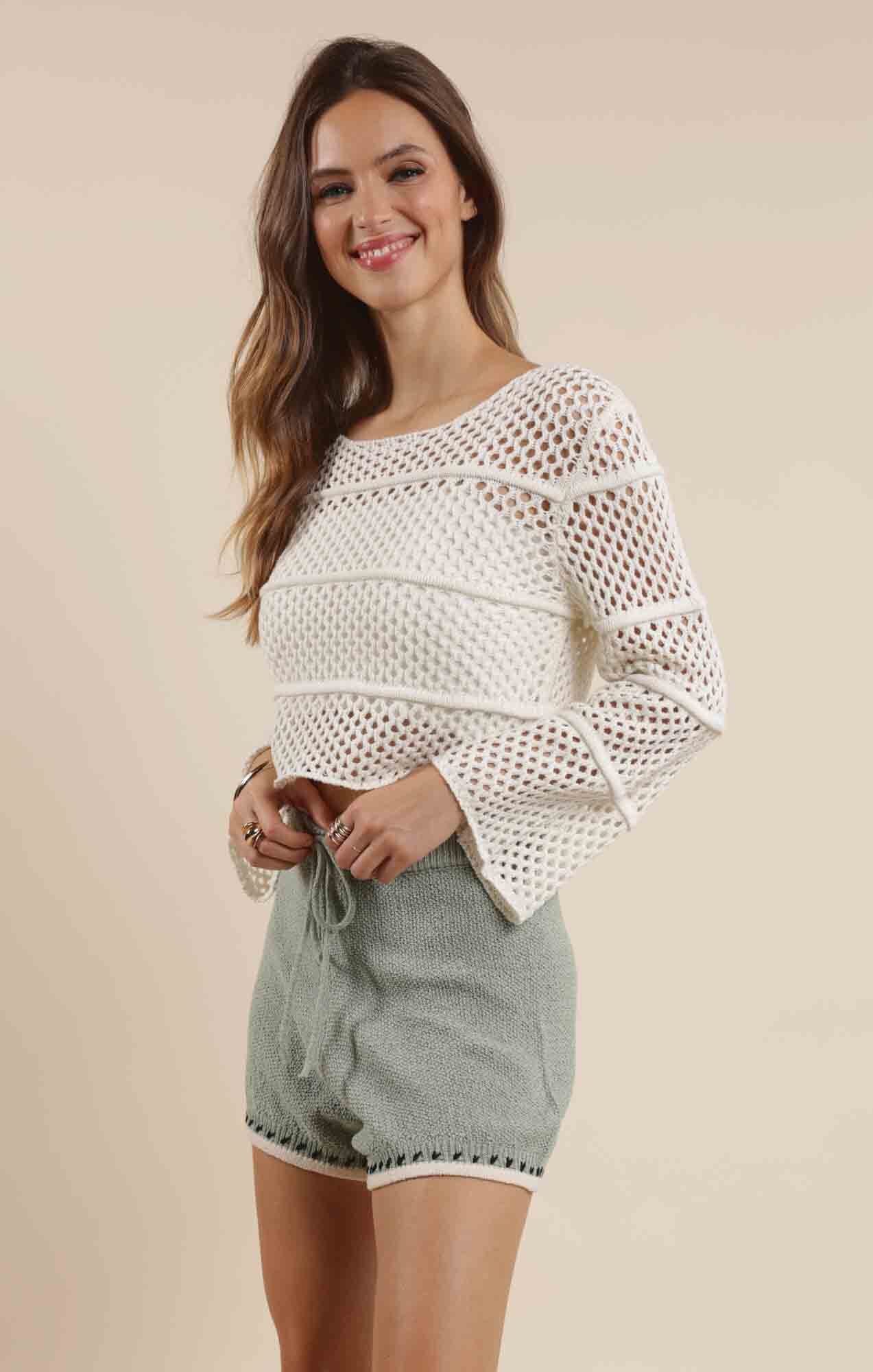 lightweight summer knit, ivory bell sleeve top, coastal style sweater, chic crochet outfit