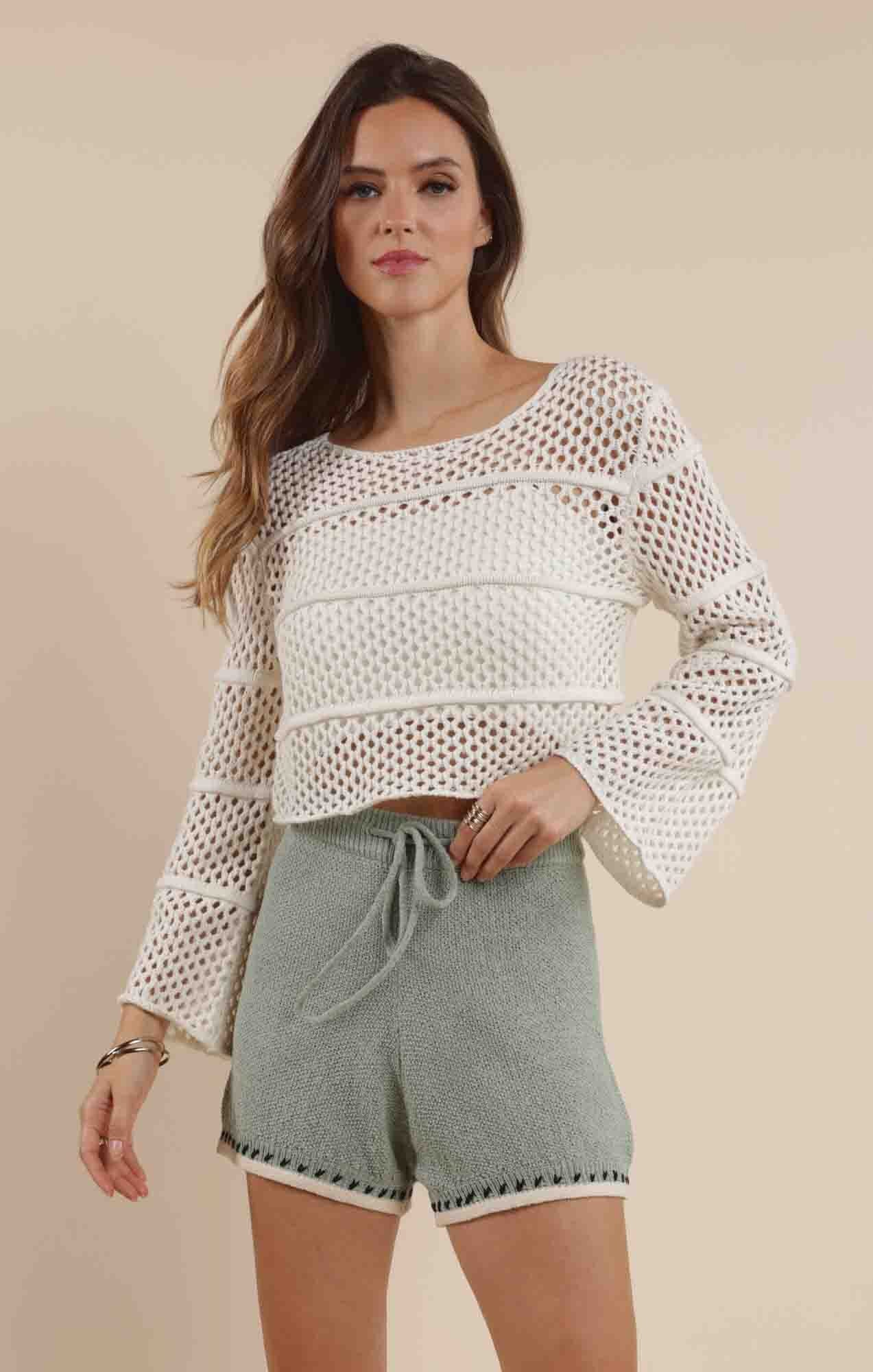 POPPY CROCHET BELL SLEEVE SWEATER, SADIE AND SAGE, crochet bell sleeve sweater, open knit cropped sweater, white crochet top, textured knit pullover, boho inspired sweater