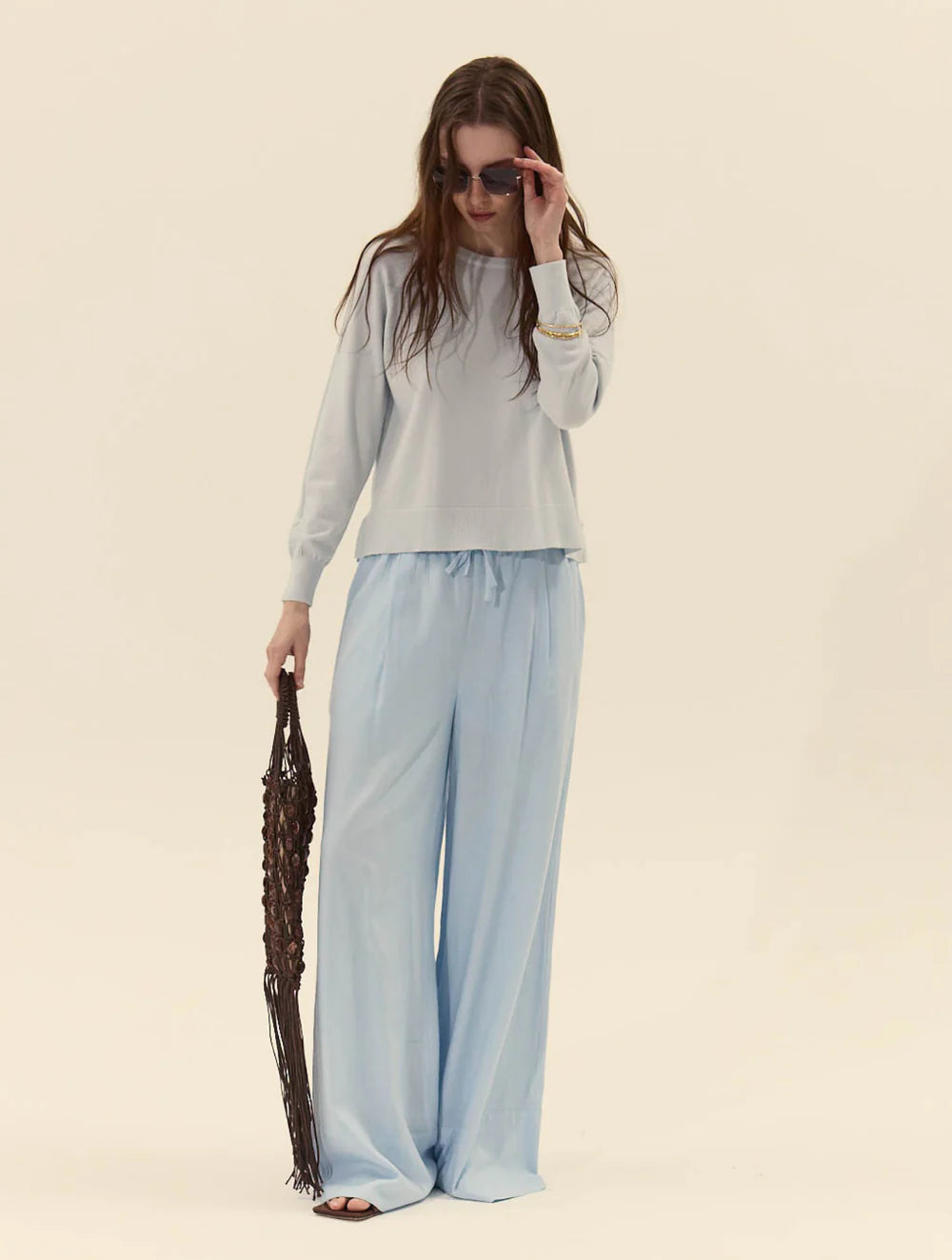 sky blue long sleeve knit top, soft blue transitional sweater, sky blue business casual sweater, women minimalist blue knit