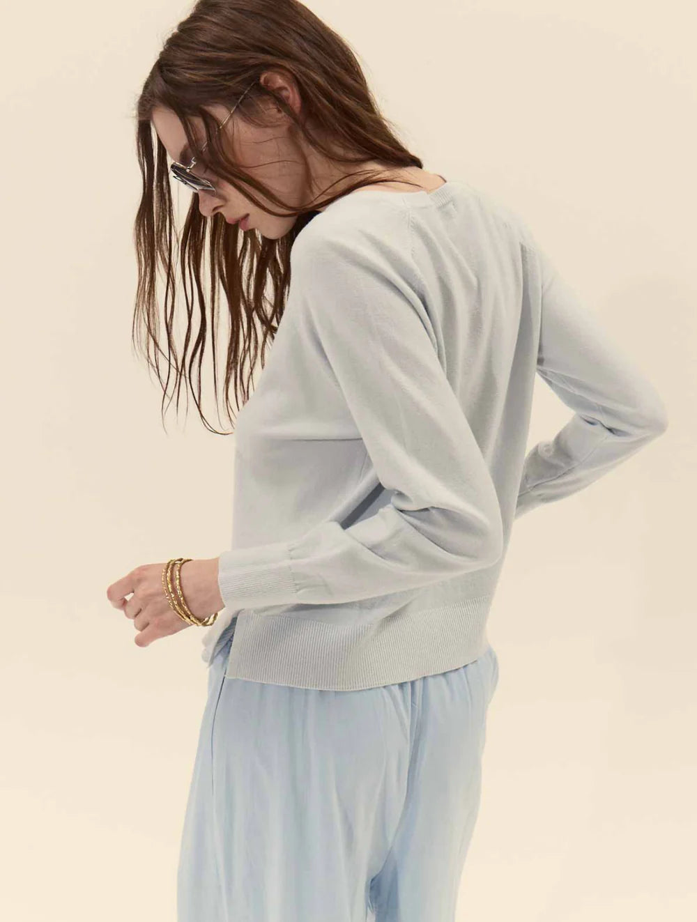 sky blue modern casual sweater, light blue ribbed hem sweater, women soft knit pullover blue