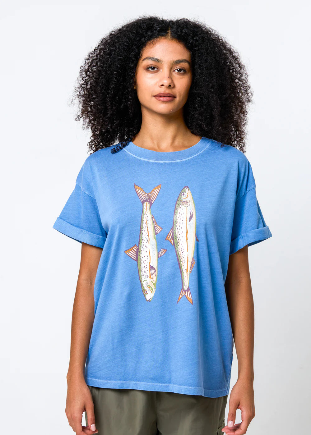 GIRL DANGEROUS, vintage fish graphic shirt, relaxed fit blue t shirt, aesthetic coastal tee women, artsy printed t shirt