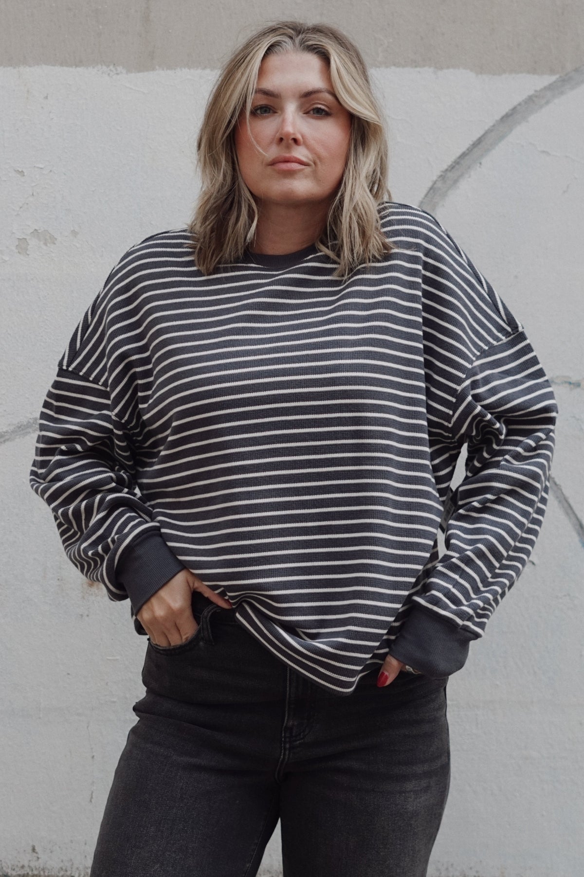 Foster Waffle Stripe Top- Coal