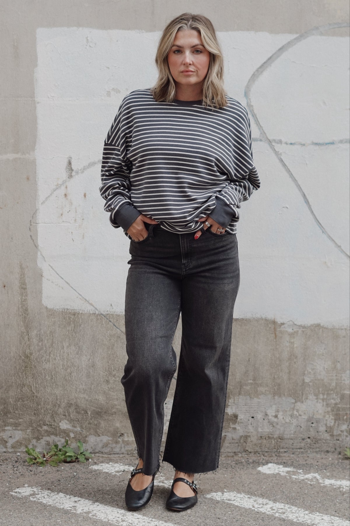 Foster Waffle Stripe Top- Coal