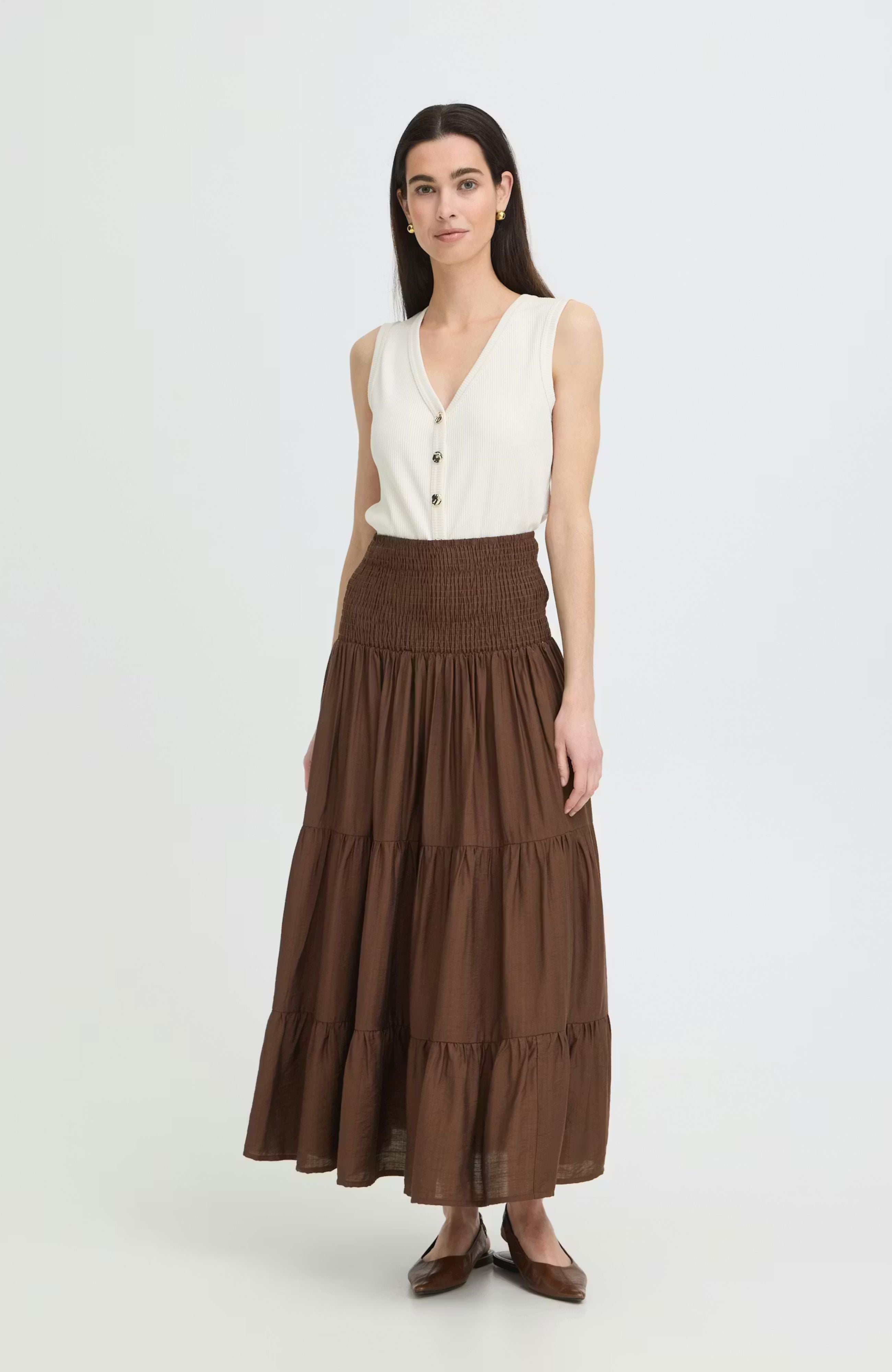 BROWN SMOCKED MIDI SKIRT
