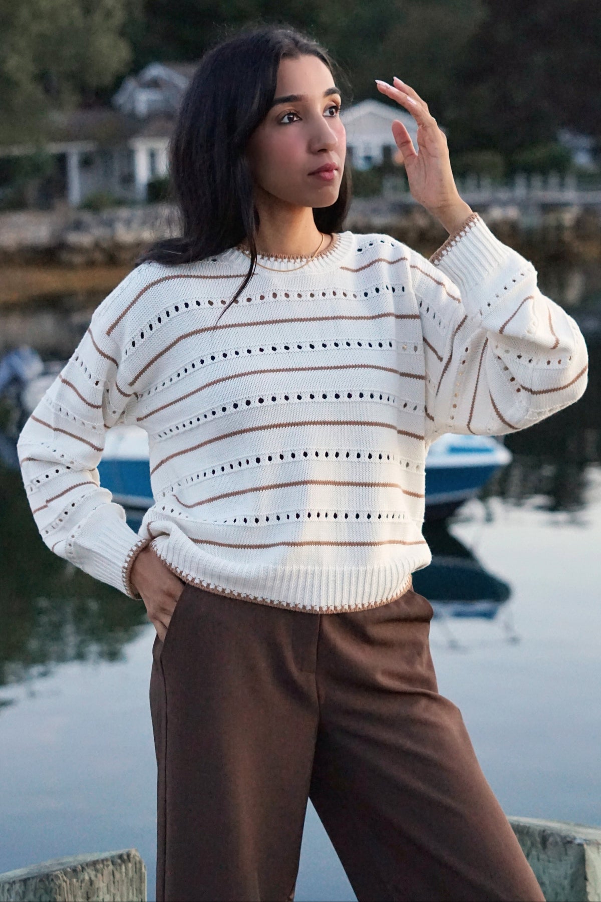 ELODIE POINTELLE STRIPE SWEATER