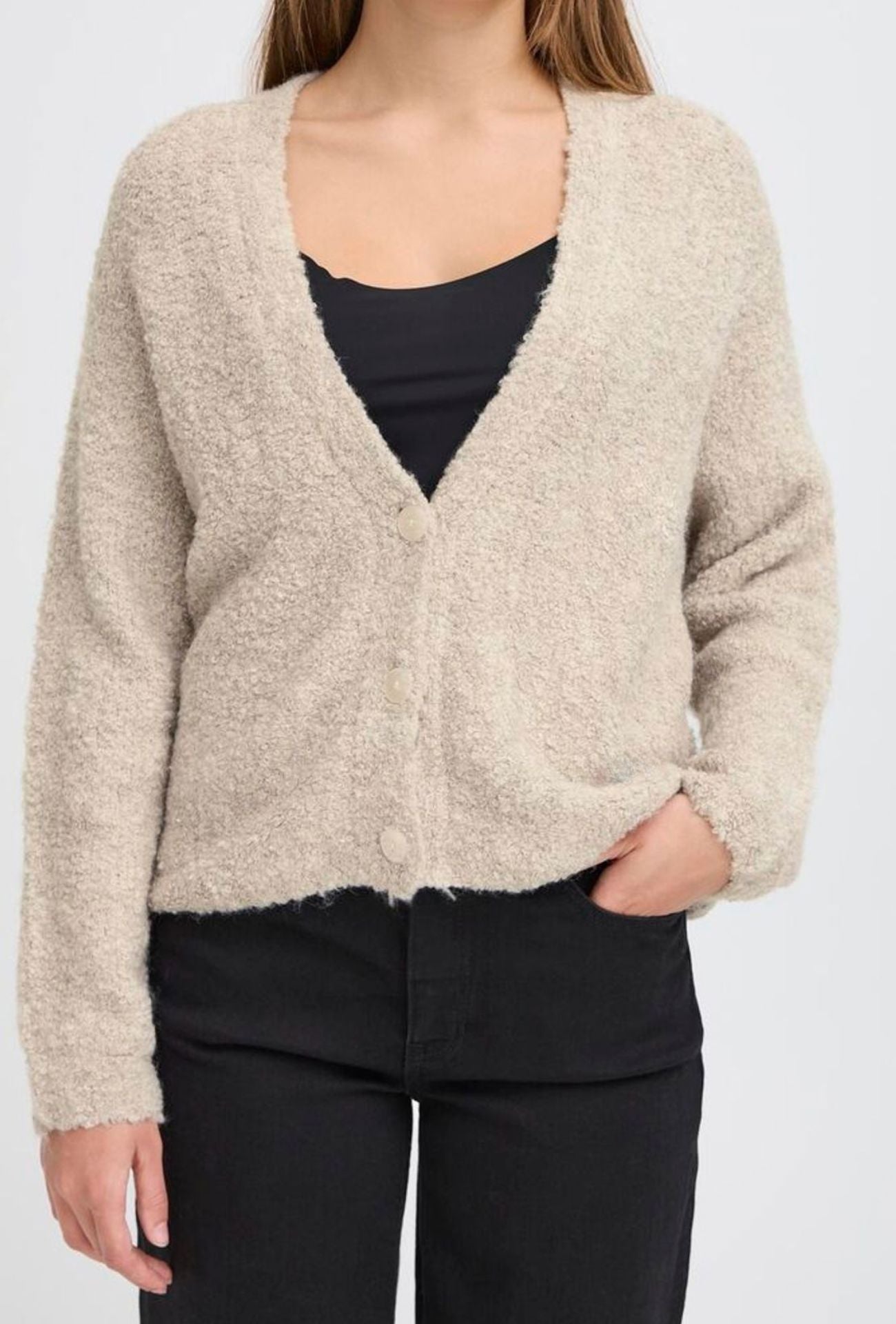 Cozy beige cardigan with soft textured fabric, ICHI