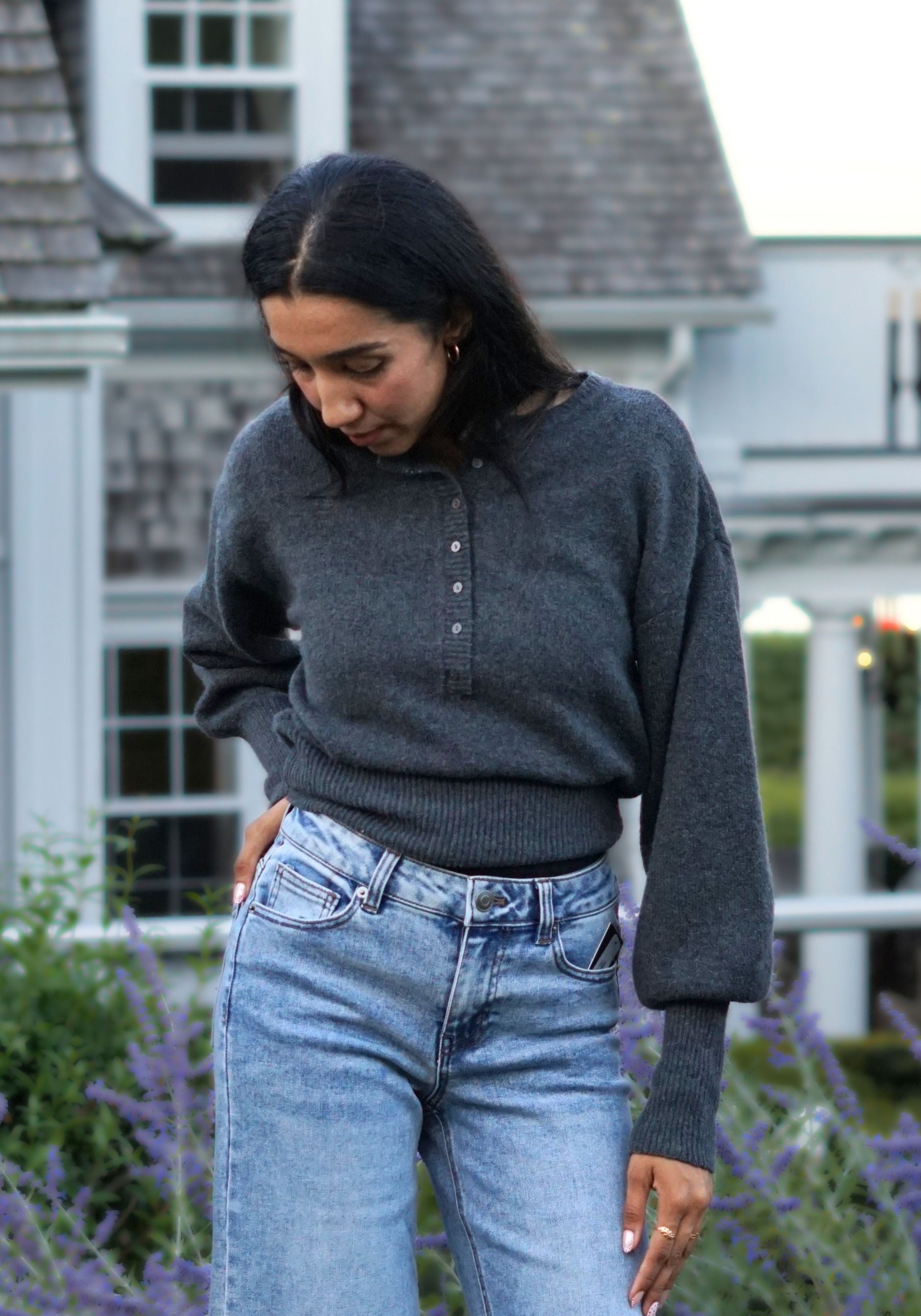 DARK GREY HENLEY SWEATER