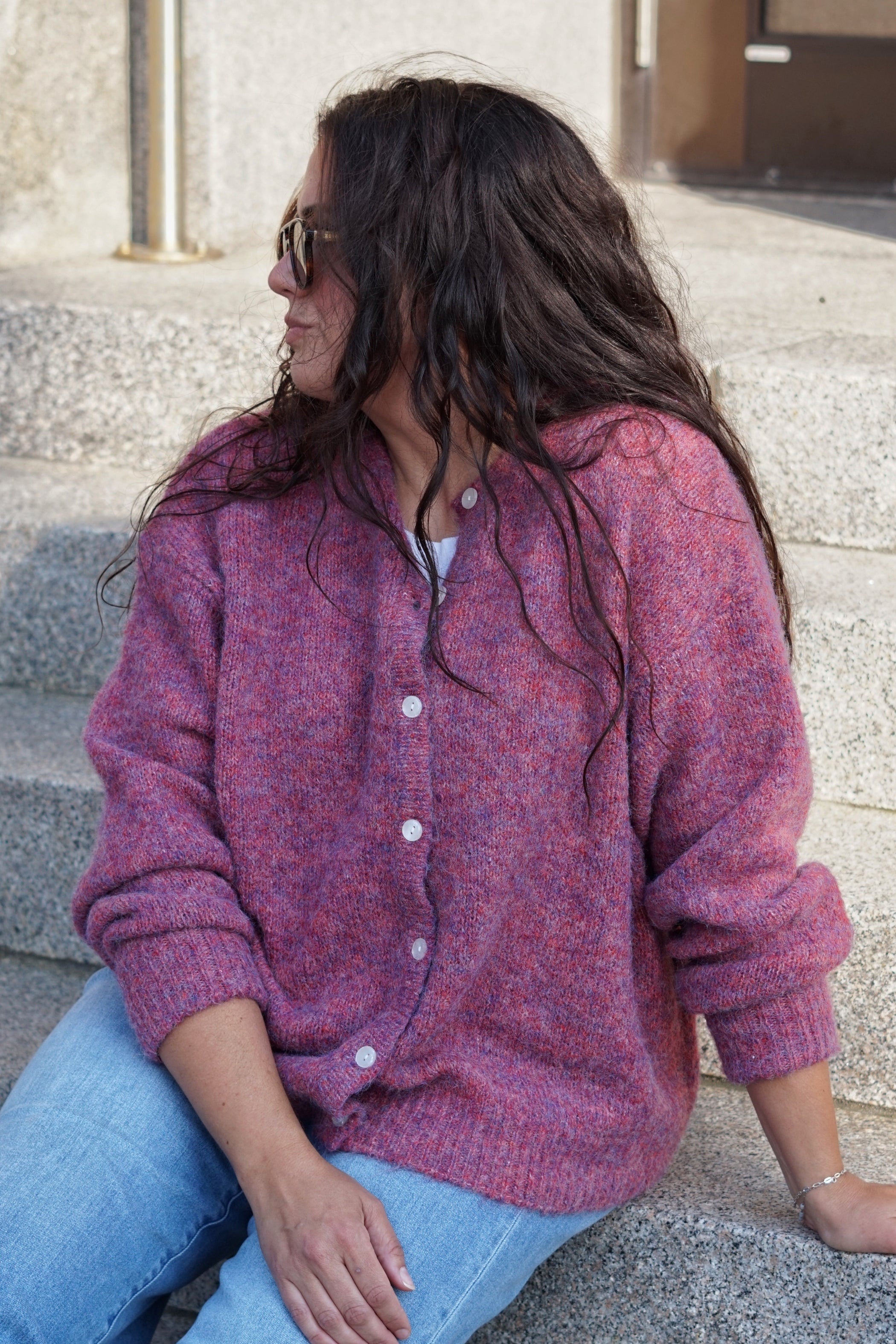 Brushed Crew Cardigan- Pink