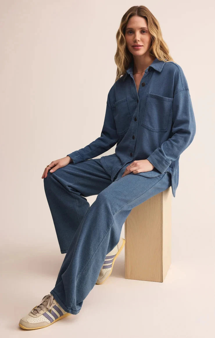 casual vintage indigo knit denim jacket outfit, z supply