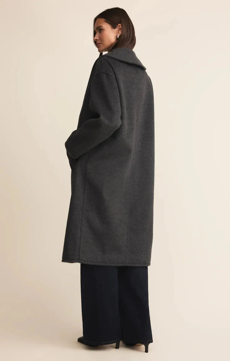 grey long coat, women’s wool look coat, classic grey overcoat