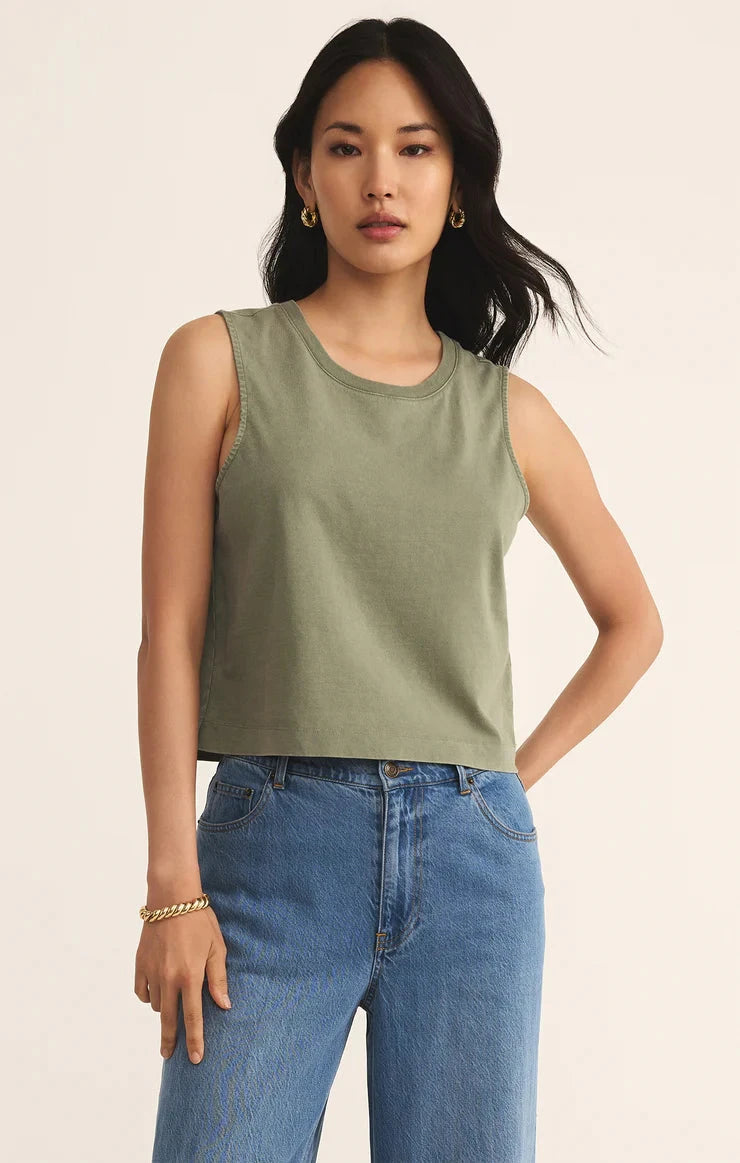 soft cotton sleeveless top, casual green tank, modern sage outfit, neutral tone basics