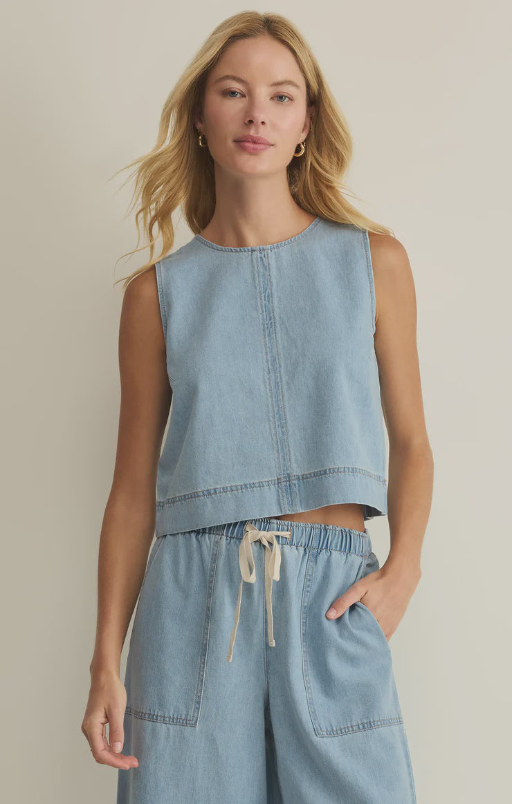 ZSUPPLY, denim tank top women, women's denim tank top, sleeveless denim top, light wash denim top, women's summer tank top, cropped denim top women, lightweight denim clothing, casual denim top women, denim matching set women, chambray tank top women, women's vacation outfits, sleeveless summer blouse