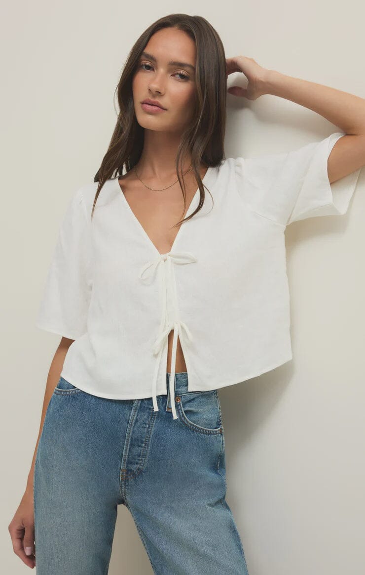 zsupply, white linen tie front top, womens linen tie front blouse, lightweight white summer top women, linen blouse with front ties