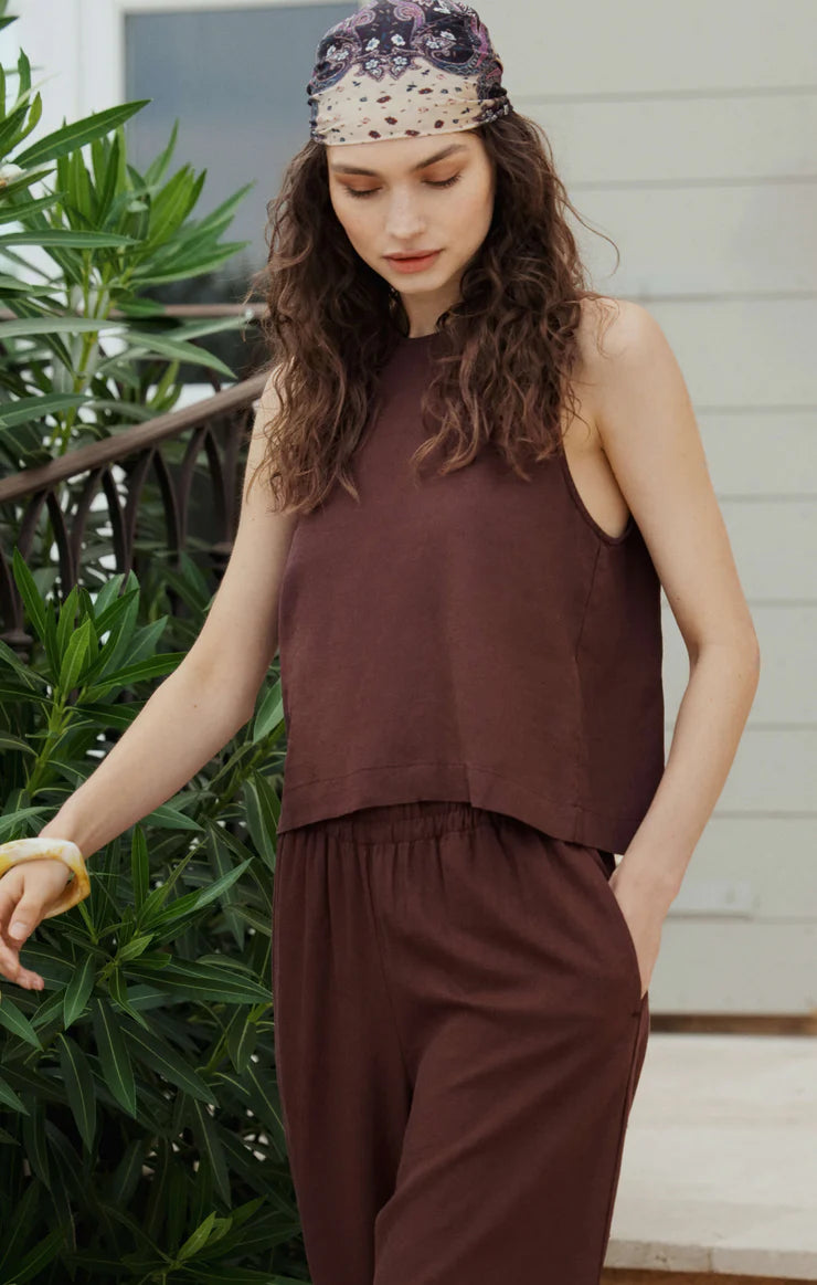 chocolate brown linen top women, relaxed linen tank women, minimalist linen sleeveless top women, womens linen summer outfit top