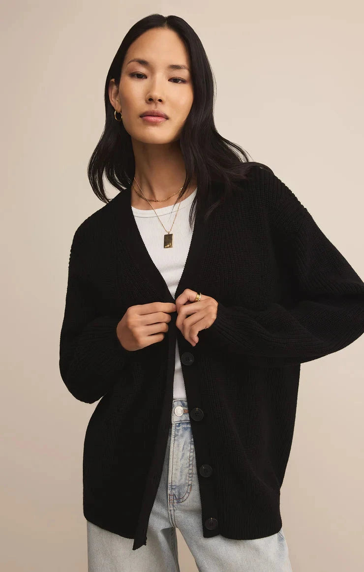 black cardigan sweater styled with jeans, z supply