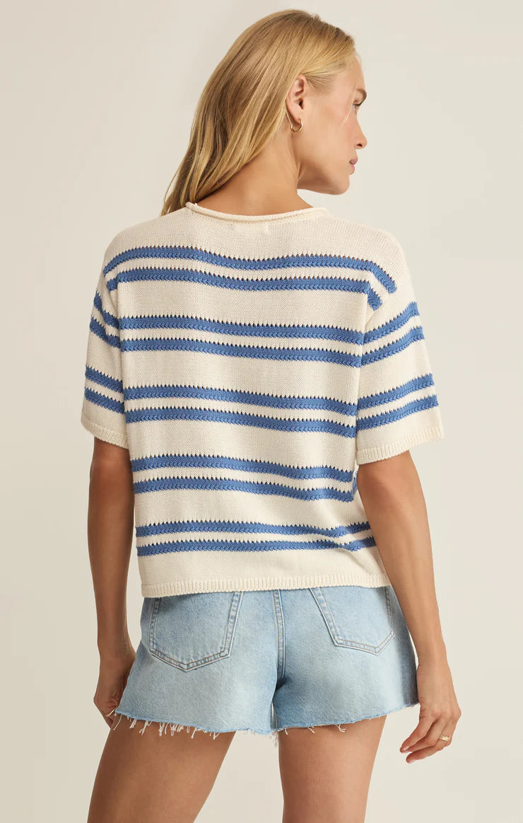 chic casual knit top, modern stripe sweater women, everyday knit top outfit, coastal outfit striped top, soft knit sweater shirt