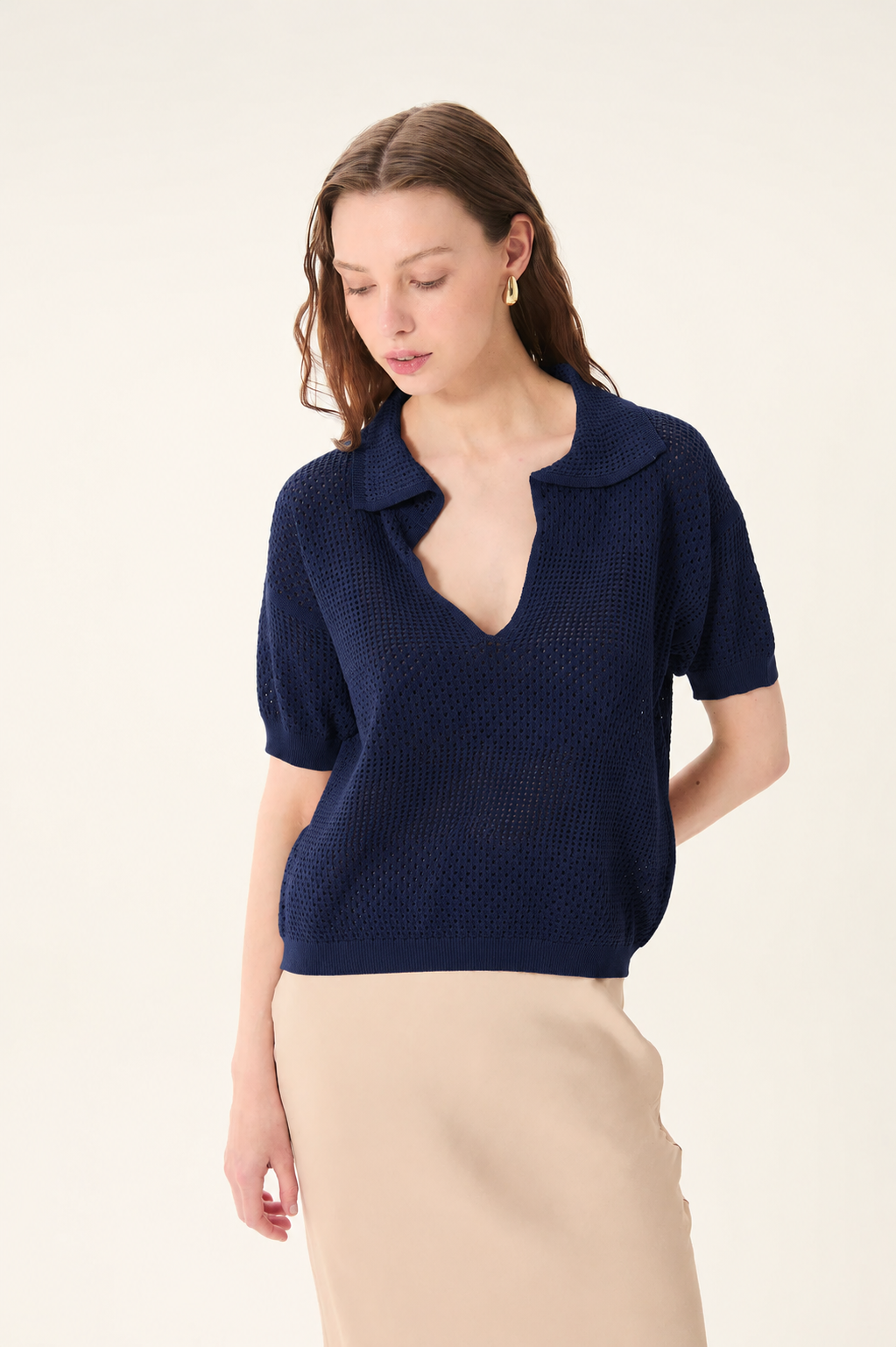 Deluc knit polo top women navy open knit design