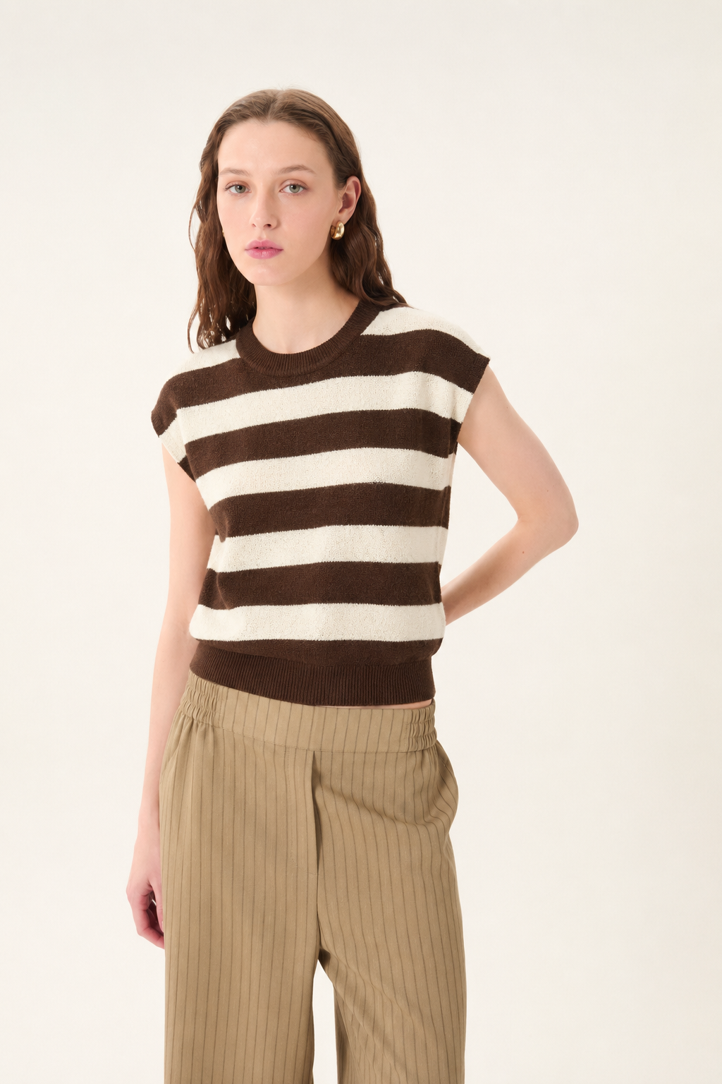 Deluc ecru and chocolate stripe knit top women front view with sleeveless silhouette