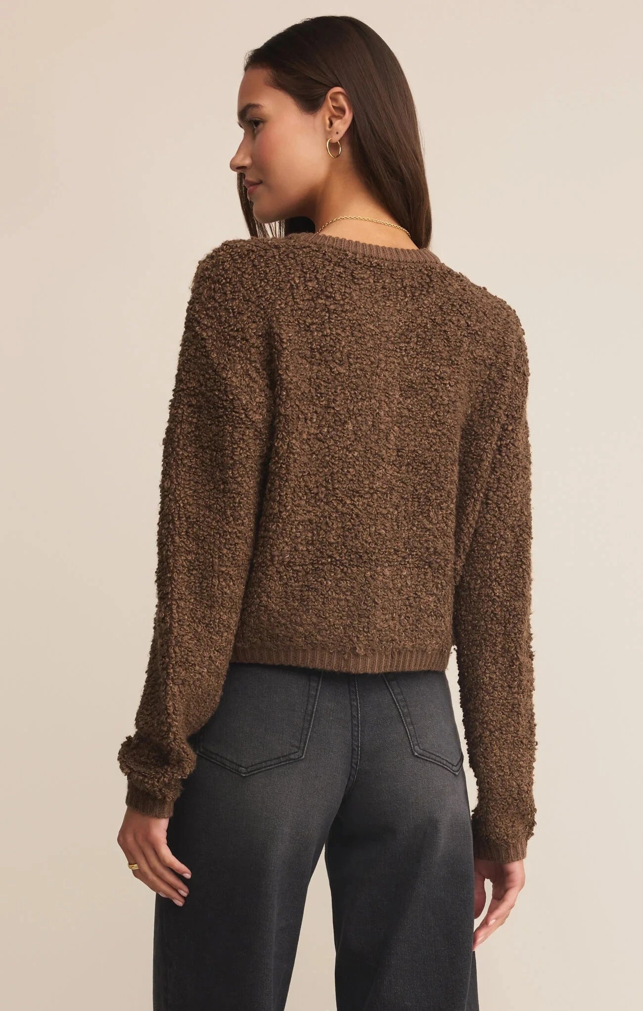 plush knit crop top, women’s cropped cardigan, soft brown knitwear, fall crop cardigan, pearl button cardigan, maxie cardigan