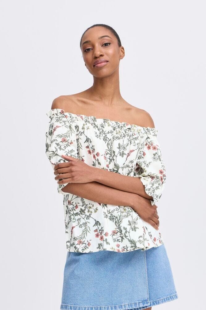 トップス YILON BIJOU OFFSHOULDER BLOUSE BLUE OFF SHOULDER FLOWER BLOUSE