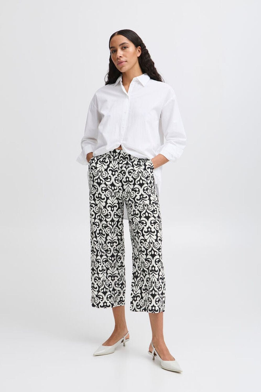 BLACK AND WHITE PATTERN PANT, B YOUNG, black and white printed pants, patterned wide leg trousers,