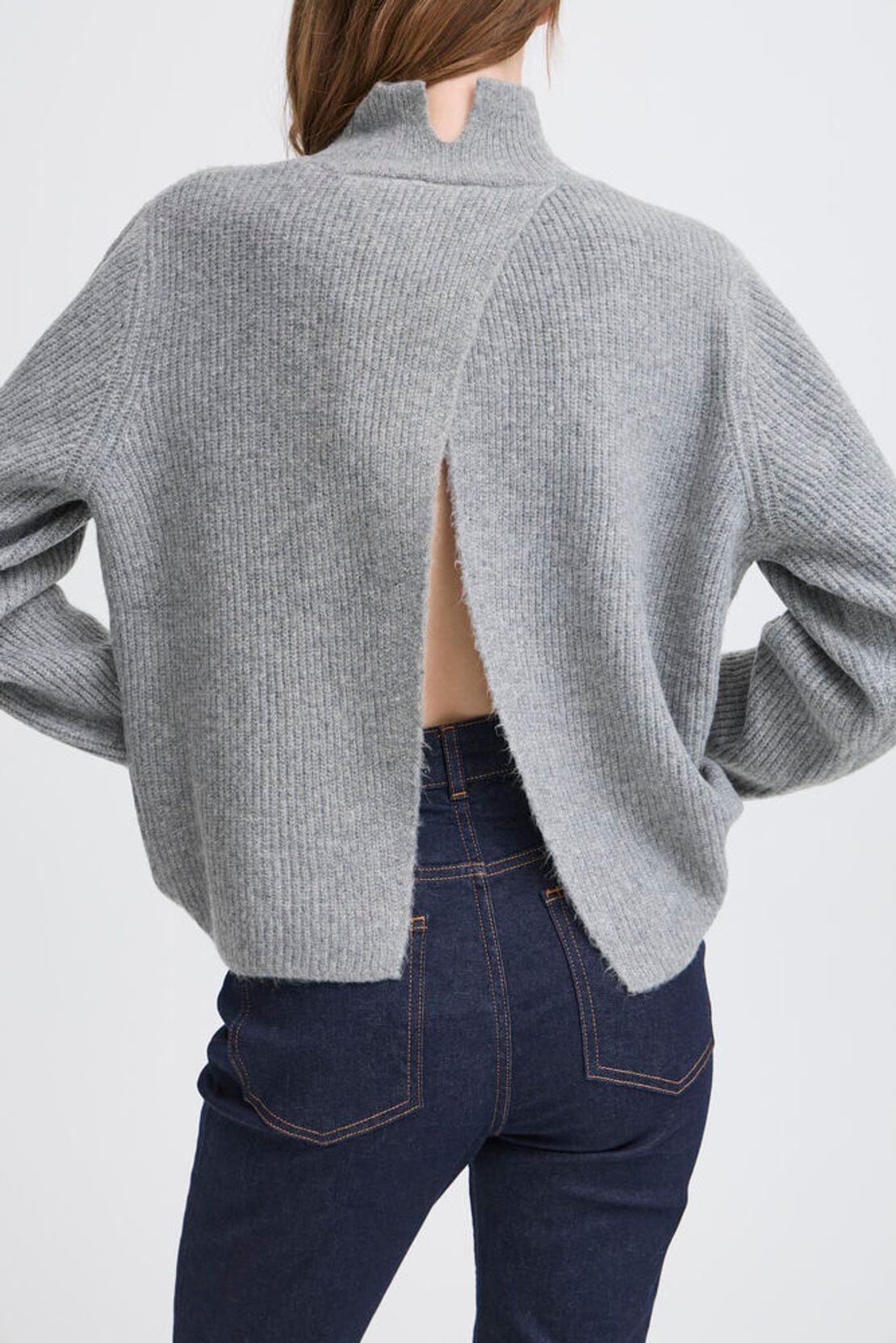 OPEN BACK GREY KNIT Sweater, ICHI