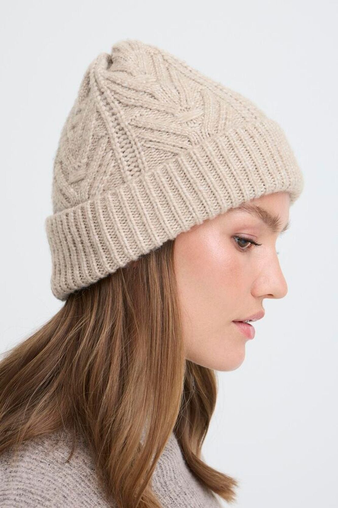 OATMEALCABLE KNIT BEANIE, ICHI, oatmeal knit beanie, cable knit winter hat, neutral wool beanie, cozy fall beanie outfit, warm knit hat for women, beige cable beanie