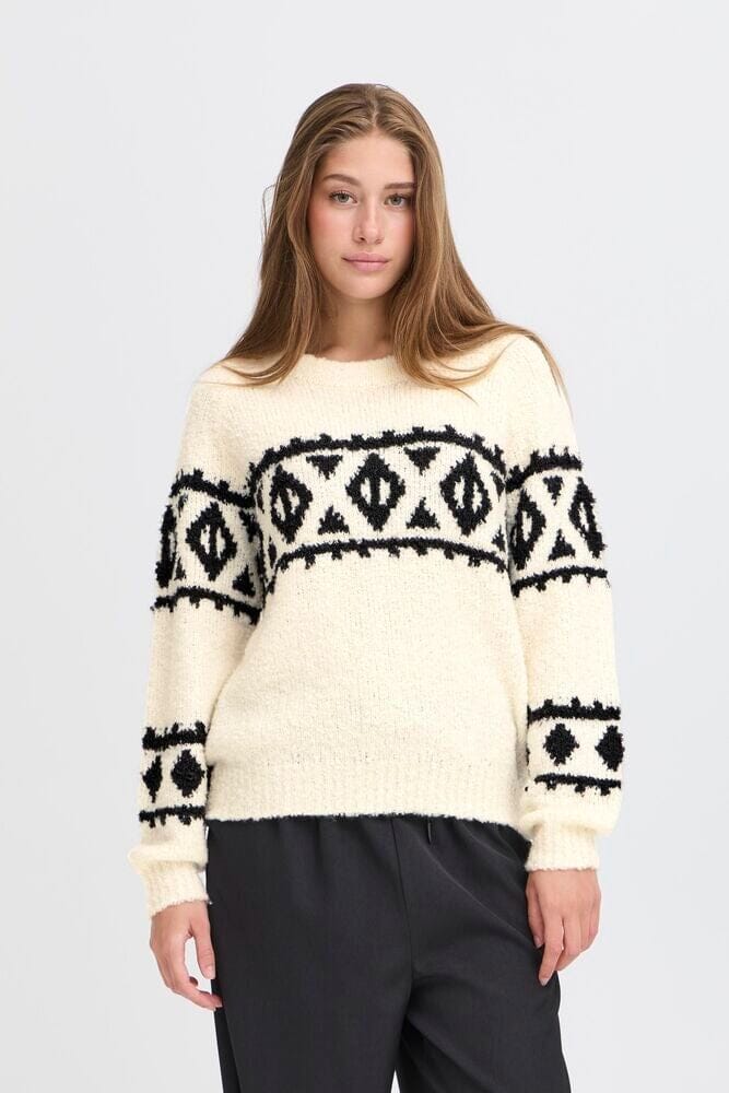 BLACK & CREAM PATTERNED SWEATER , ICHI
